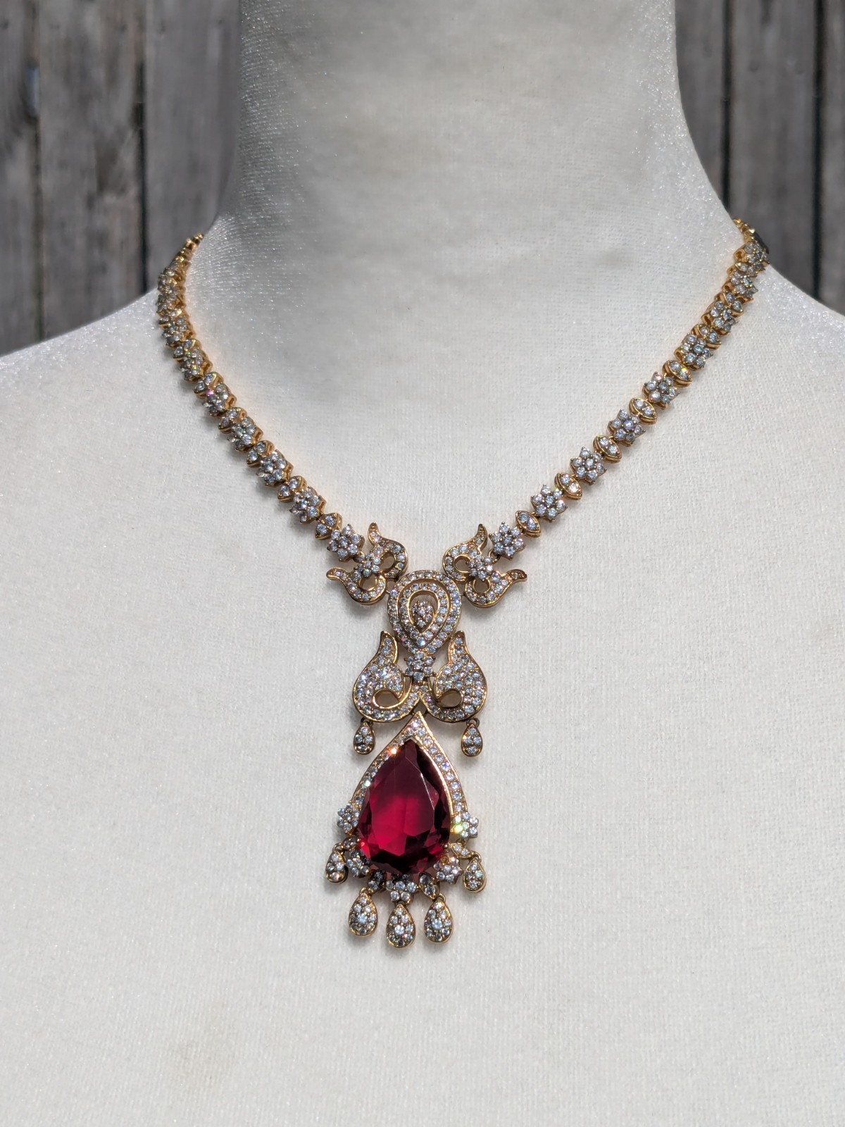 Imitation Ruby & Rhinestones (or CZ) Necklace Bracelet And Ring (sz 8) Set LNWOT