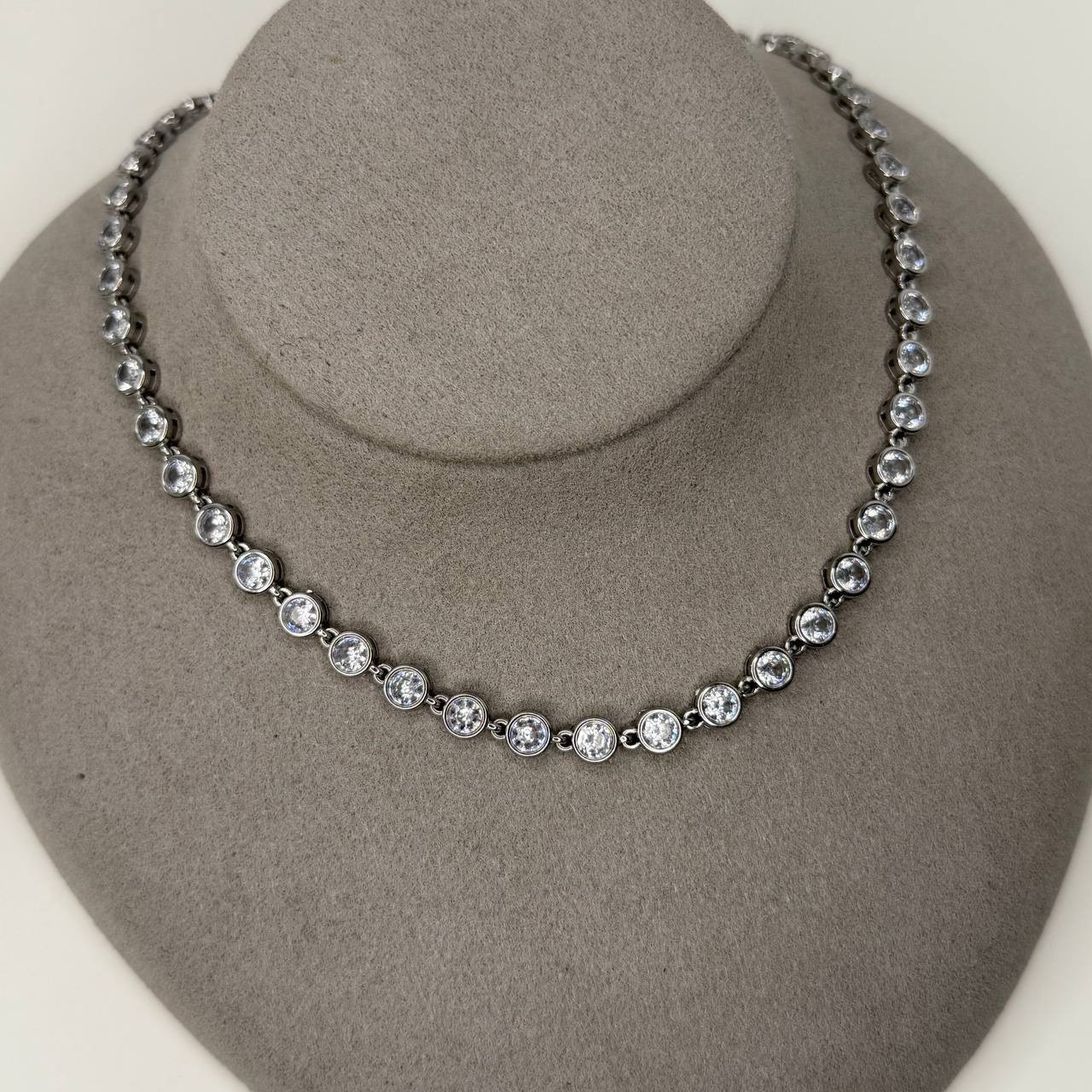 Zirconia Crystal Tennis Necklace Silver Stainless Steel Bezel Choker Necklace