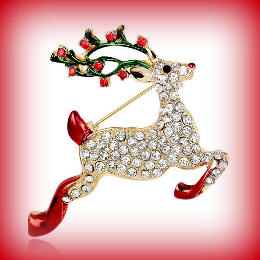 RUDOLPH THE RED NOSE REINDEER ENAMEL & RHINESTONE CHRISTMAS PIN BROOCH~VTG STYLE
