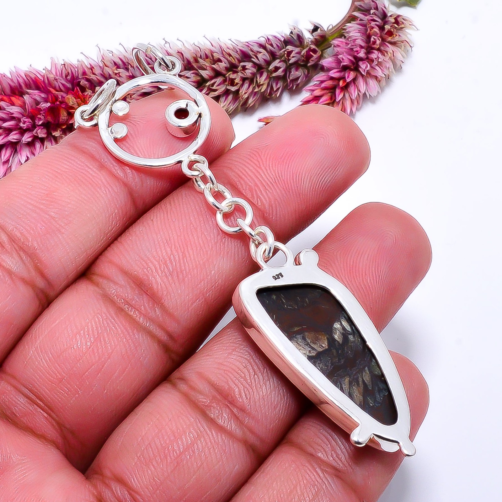 Iron Tiger Eye & Red Garnet 925 Solid Silver Two Tone Pendant 2.73″ P1037111461