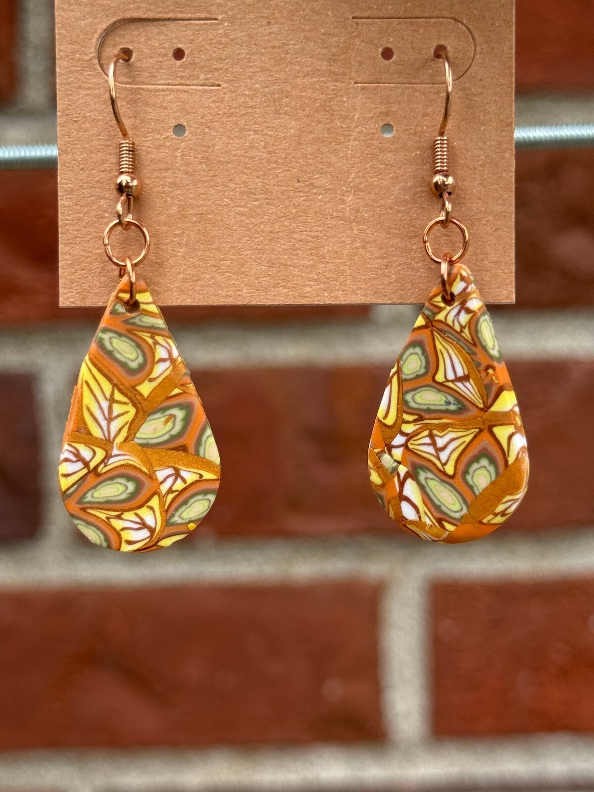 Handmade Polymer Clay Earrings Orange with Yellow and Green Leaves