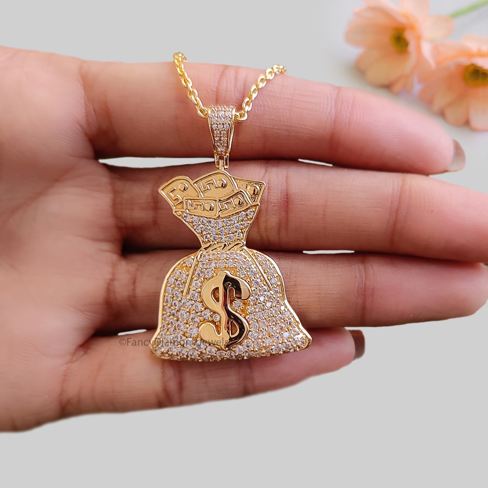 Iced Dollar Money Bag Pendant Round Moissanite Diamond Men’s Charm Pendant FD543