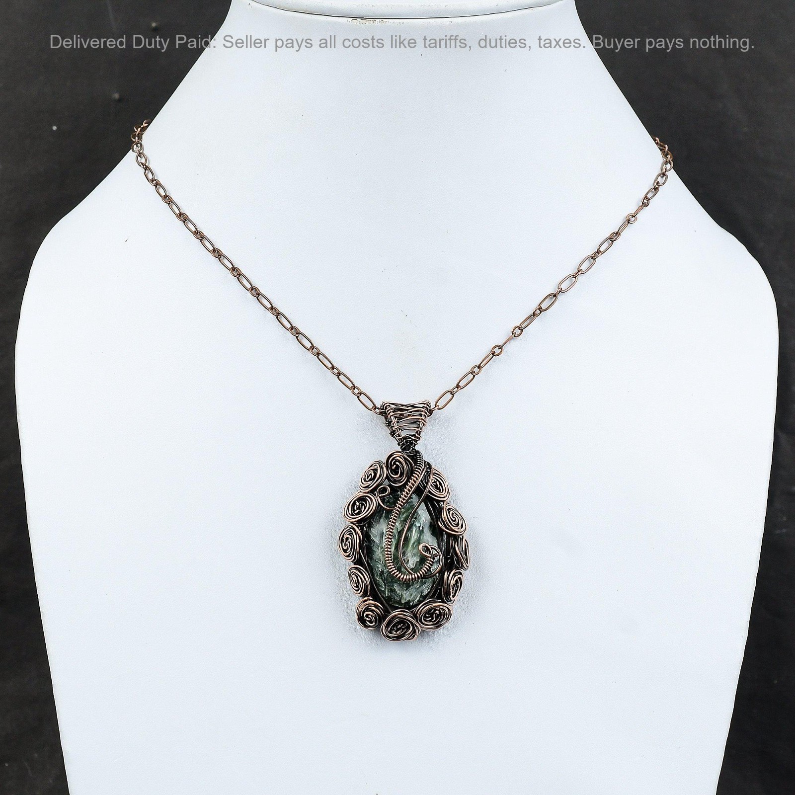 Valentines Sale Seraphinite Stone Copper New Wire Wrapped Flower Pendant Jewelry