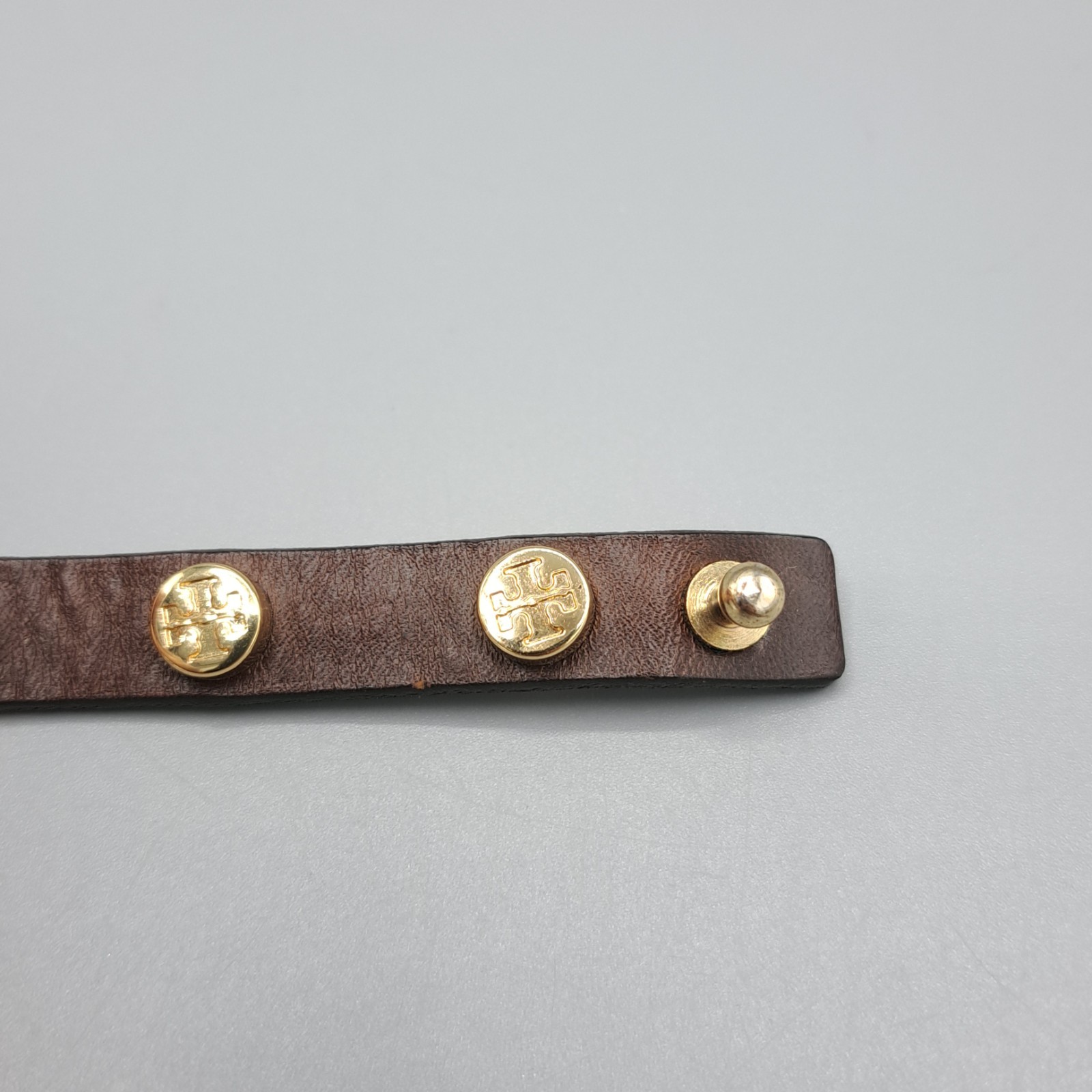Tory Burch Brown Leather Double Wrap Bracelet w/ Gold Tone Logo Stud Hardware