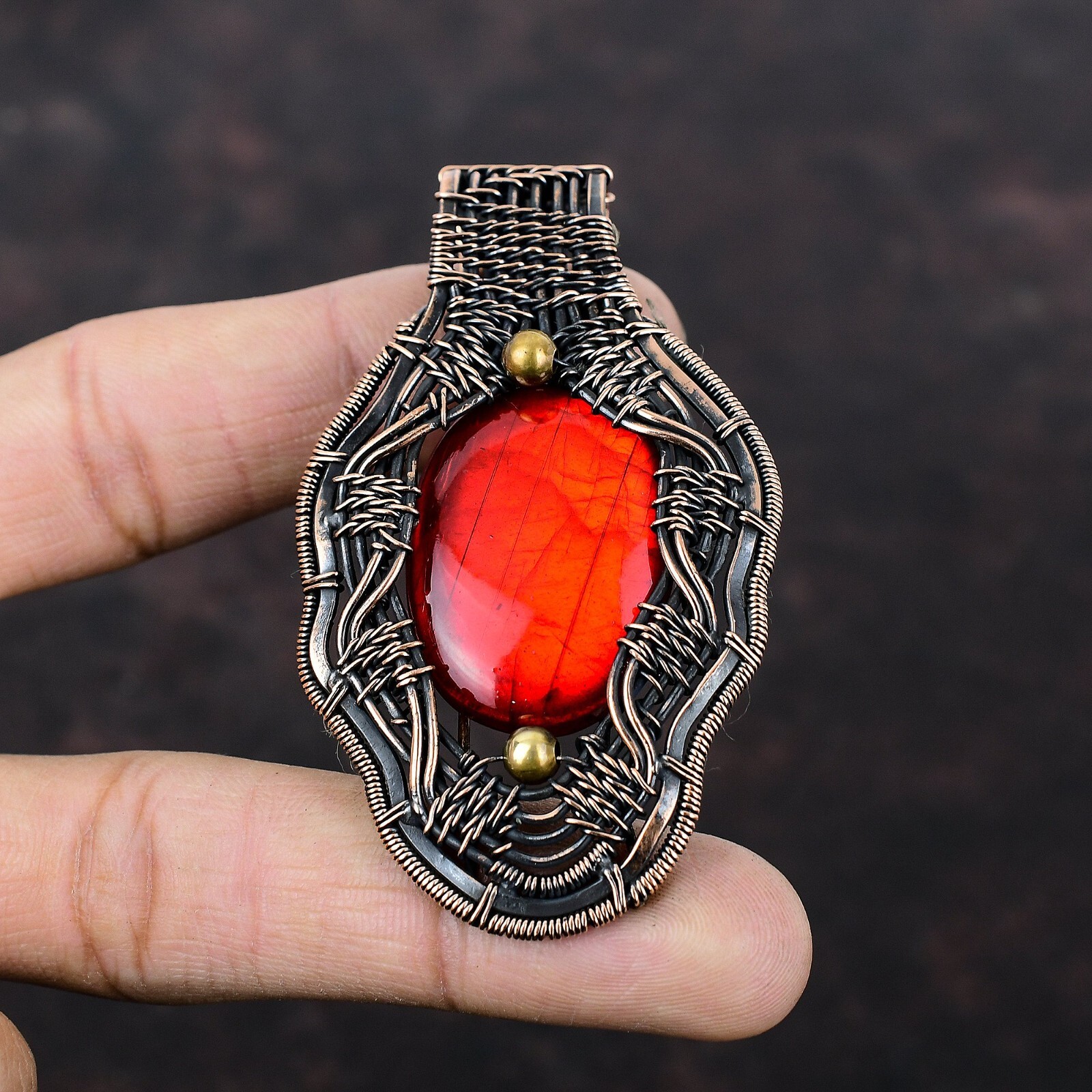Red Fire Labradorite Jewelry Copper Gift For Friend Wire Wrapped Pendant 2.91″
