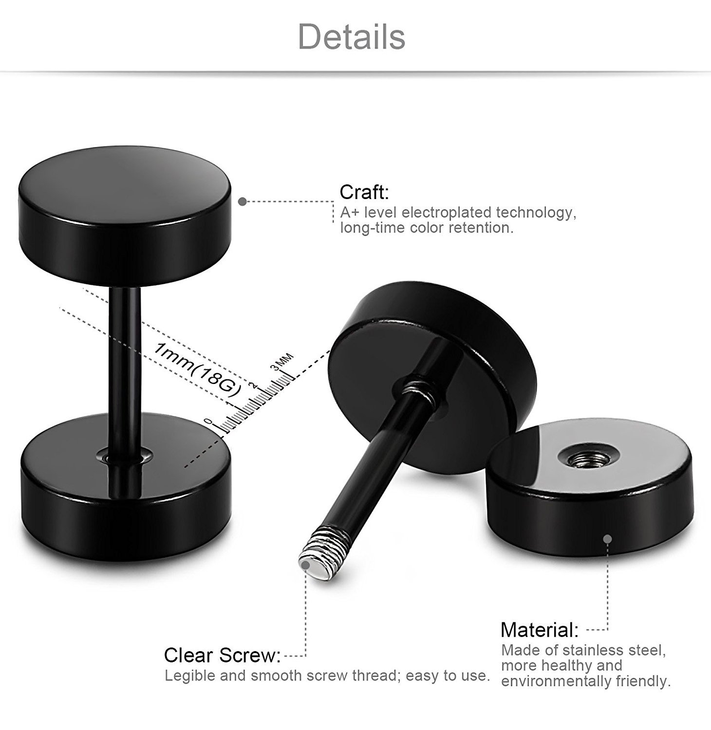 1Pair Stainless Steel Round Barbell Screw Back Men’s Earring Ear Studs 3-16mm US