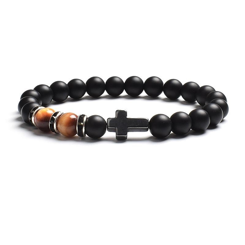 Tiger Eye & Black Agate Beaded Bracelet Men Women Elastic Cross Faith Jewelry