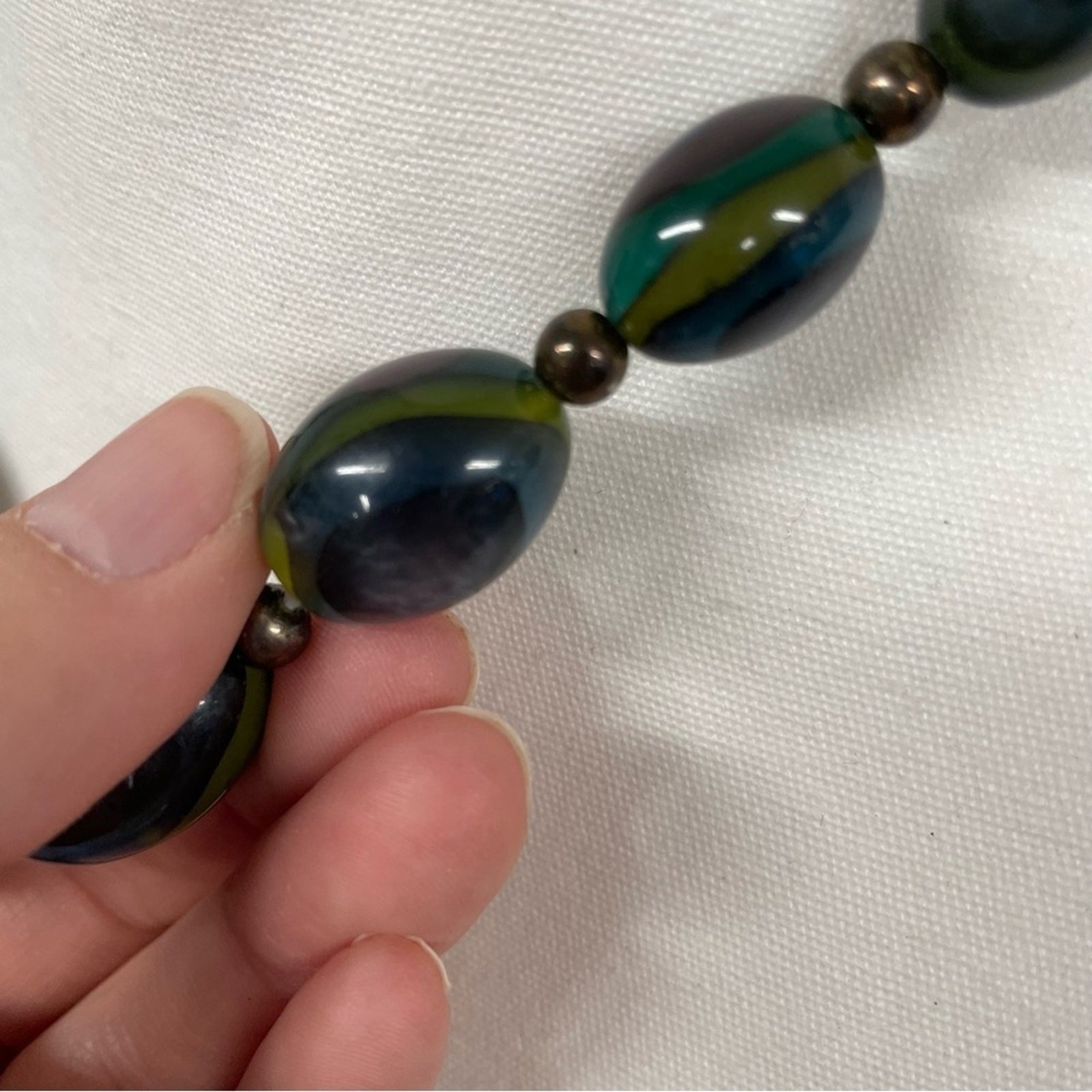 Blue & Green Glass Beads Necklace Silver Tone Chunky Artsy Boho