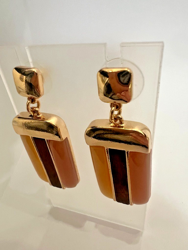 Uncas Int Gold Blush Amber Dangle Earrings Resin Wood Earth Tones 2” Vendor Smpl