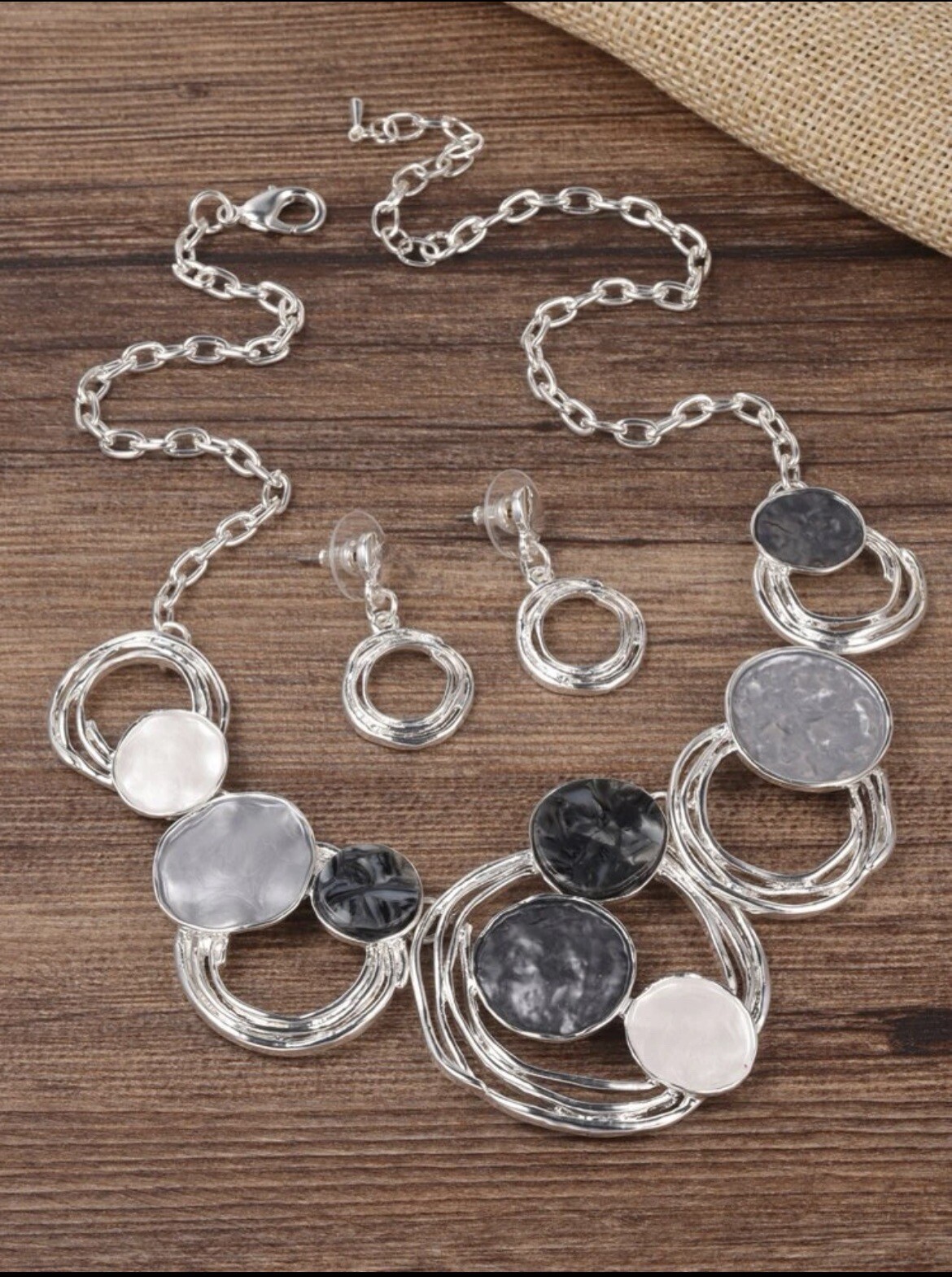 Silver Round Chunky Necklace Set Earrings Silver Black Gray Womens Jewelry