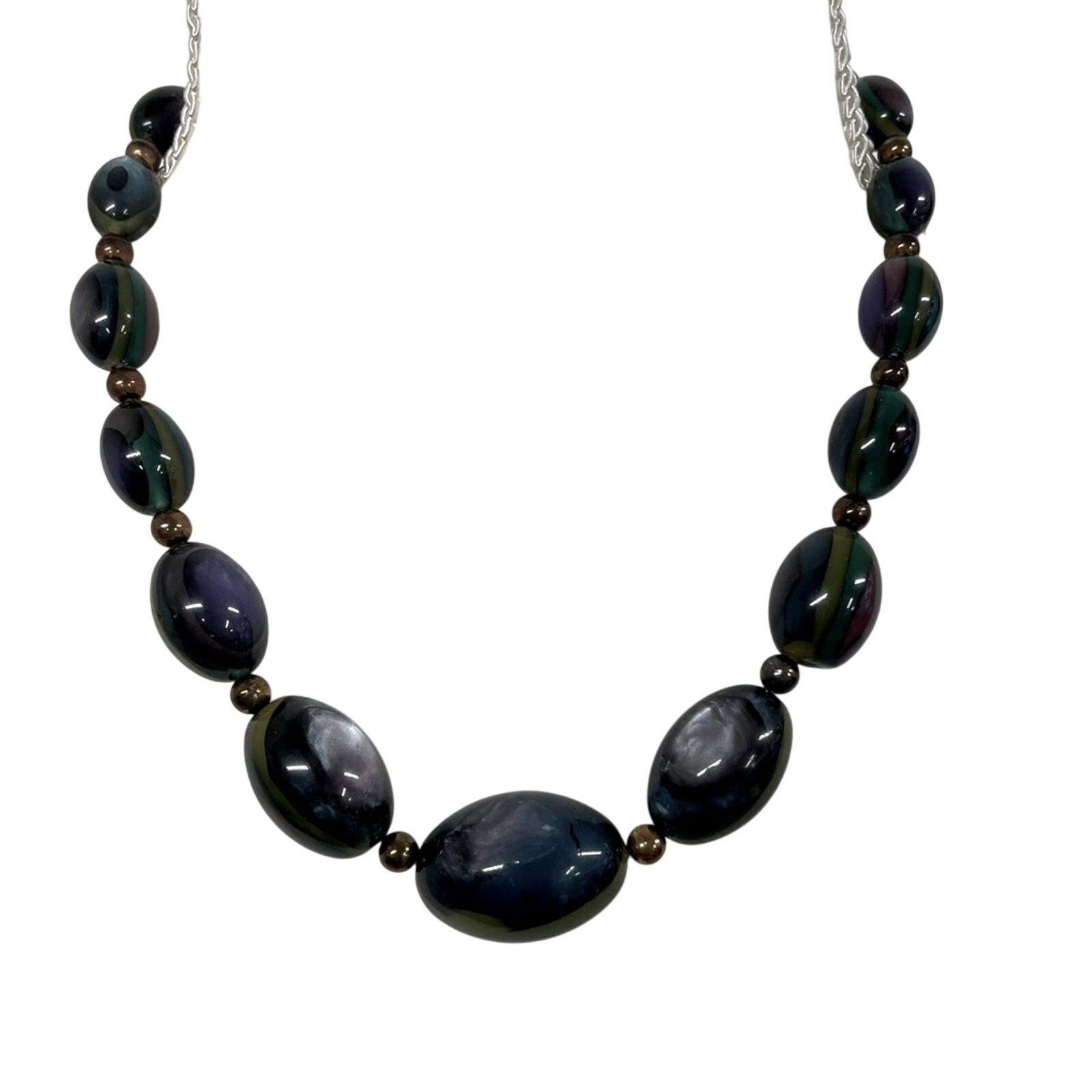 Blue & Green Glass Beads Necklace Silver Tone Chunky Artsy Boho