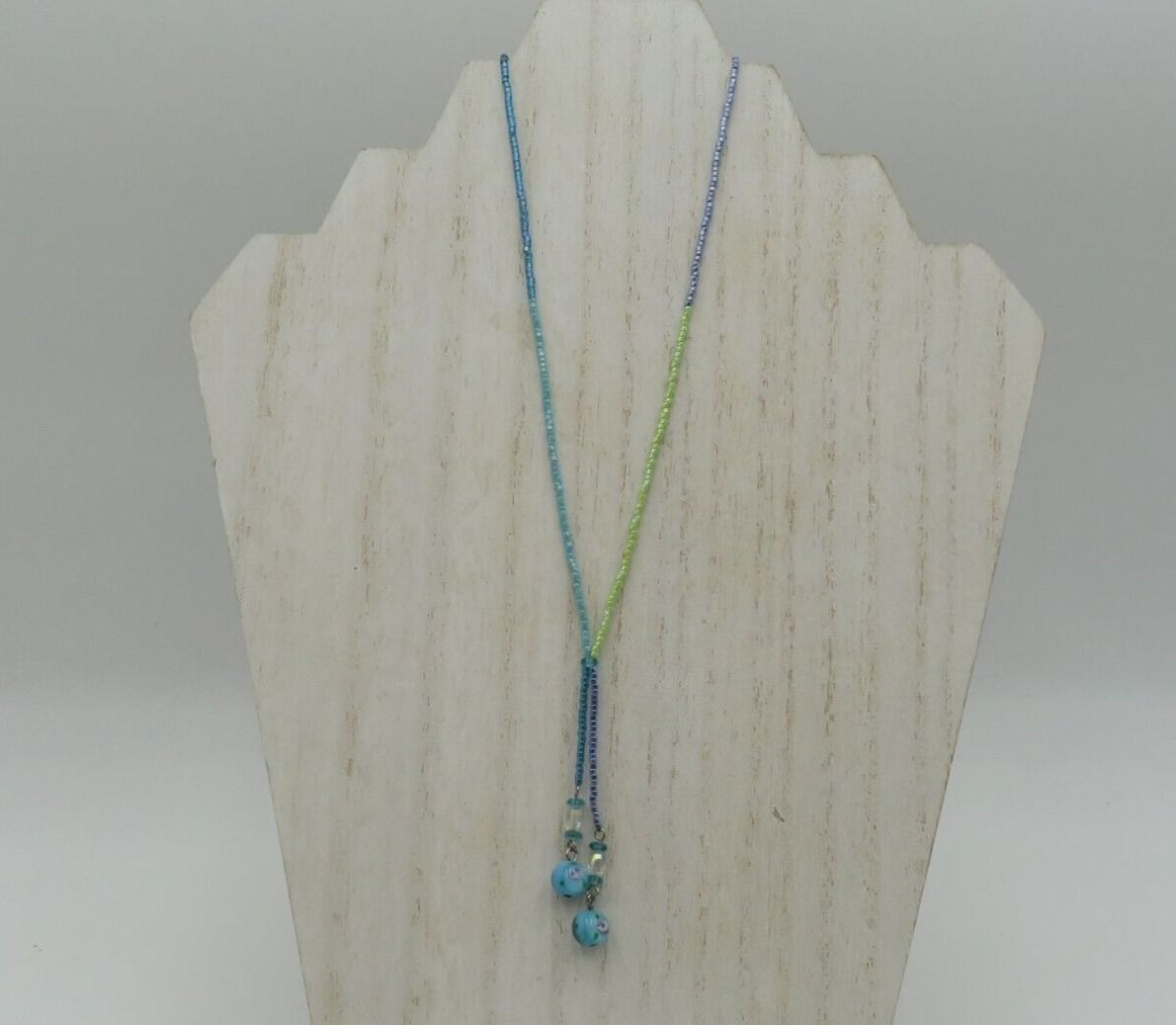 Express Necklace 15″ Art Glass Dangles Blue Green Seed Beads Silver Tone