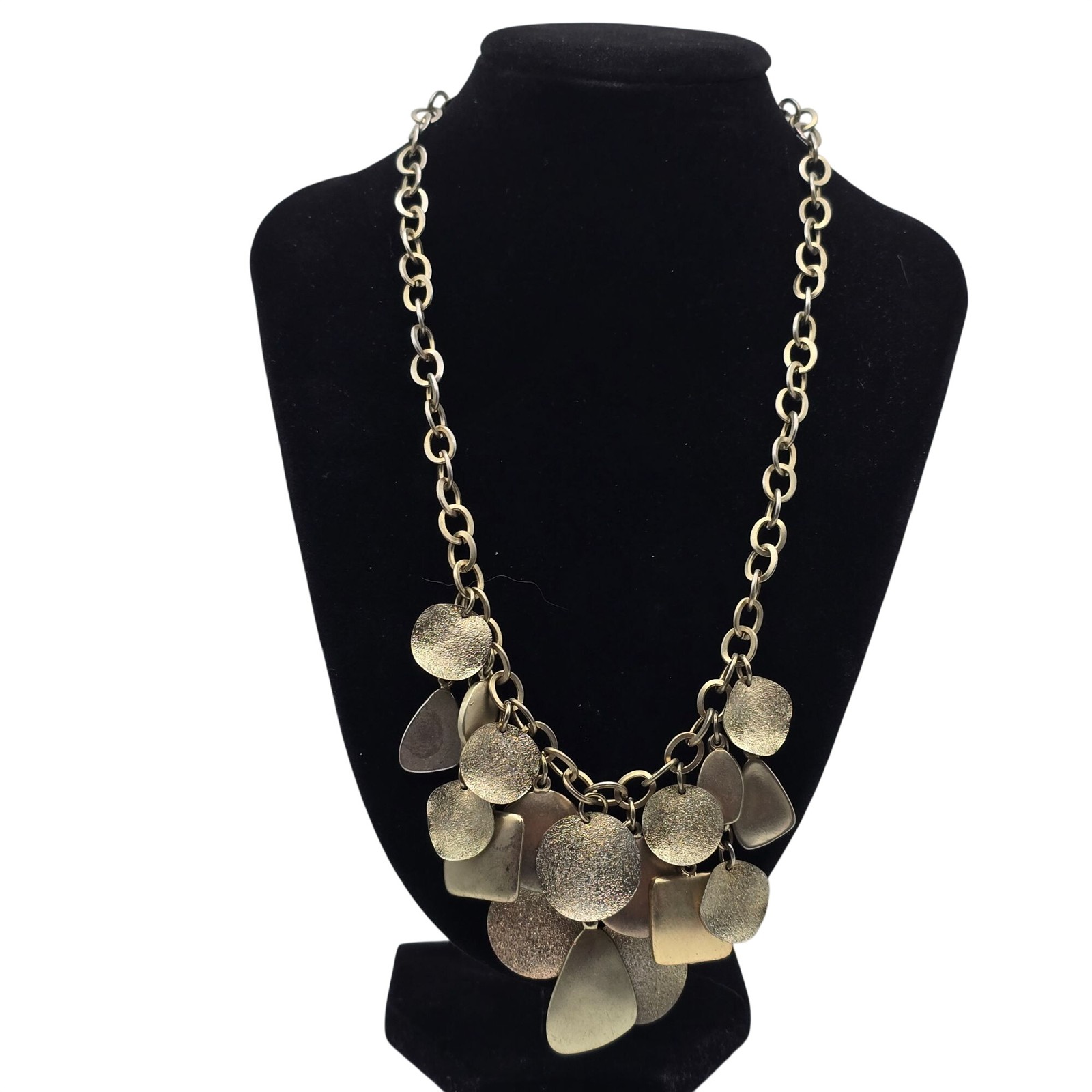 Gold Tone Geometric Disc Charm Statement Necklace Textured Bib Adjustable 20″