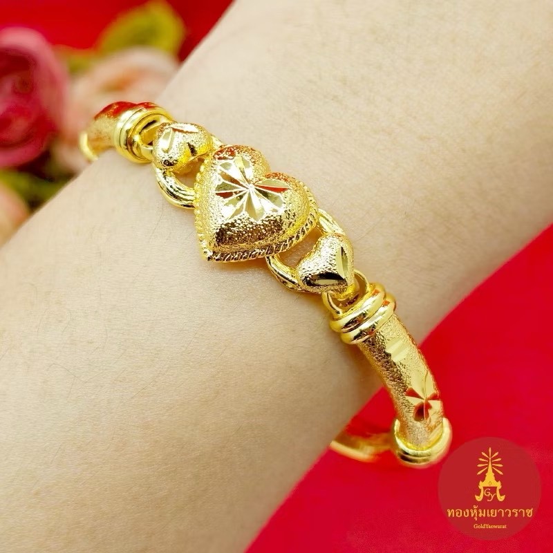 Heart Charm 22K 23K 24K THAIBAHTYELLOW GOLD Bracelet JewelryWomen diameter 5.5cm