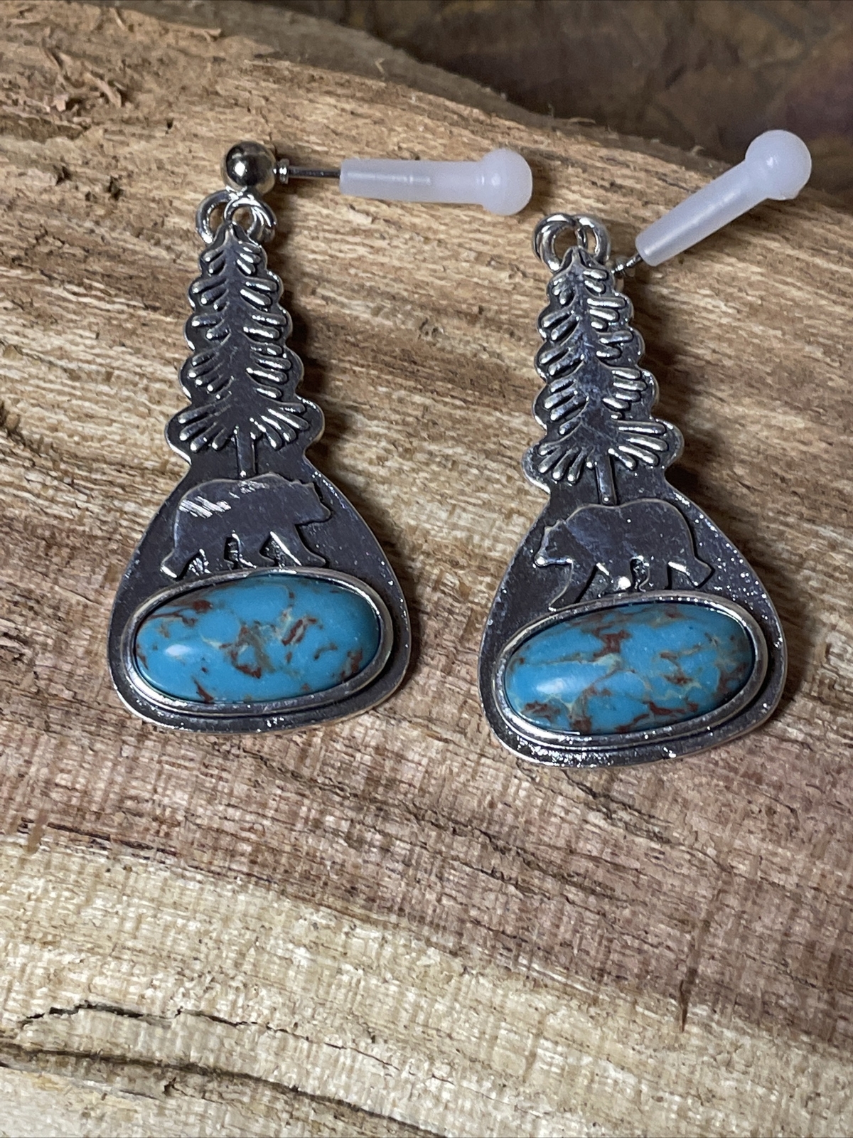 BEAR PAW TREE FANCY FOX SILVER TURQUOISE EARRINGS WESTERN SOUTHWEST Easter