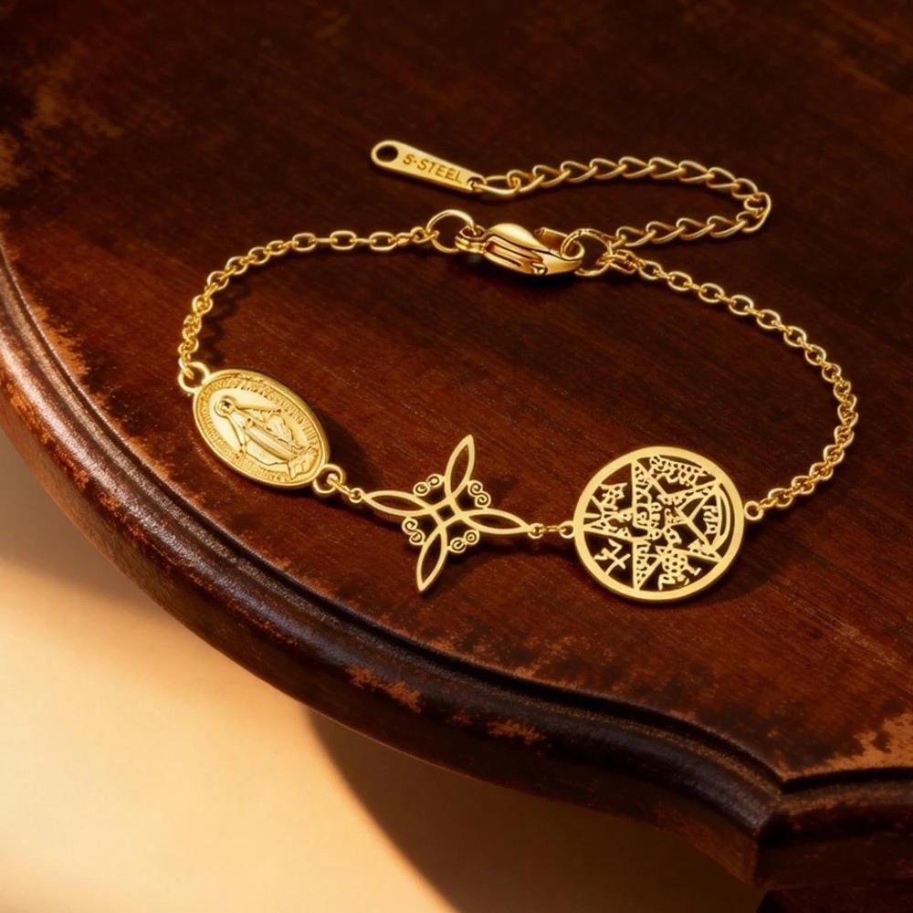 Stainless Steel Triple Protection Bracelet Witch Knot Pentagram Figaro Chain