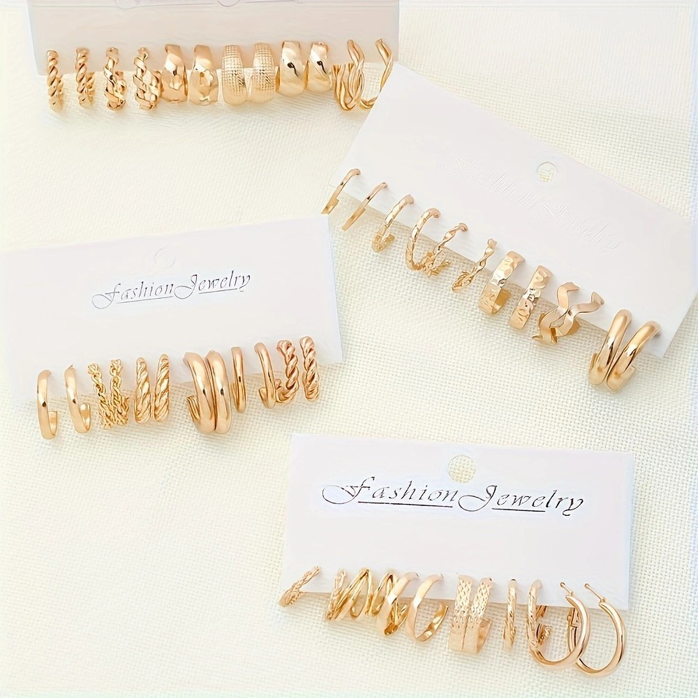 24 Pairs of Golden Fashion Earrings Women’s Multi Style Accessories Ear Studs