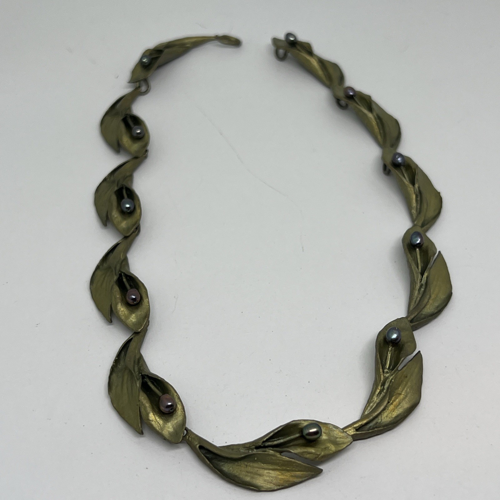 Unsigned Michael Michaud Hosta Leaf Peacock Pearl Choker Collar Necklace Bronze