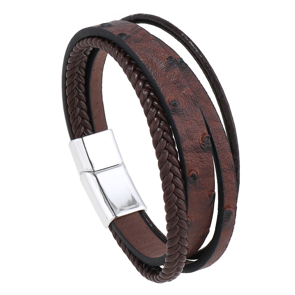 Men’s Black Leather Braided Bracelet Magnetic Clasp Charm Cuff Punk Rock