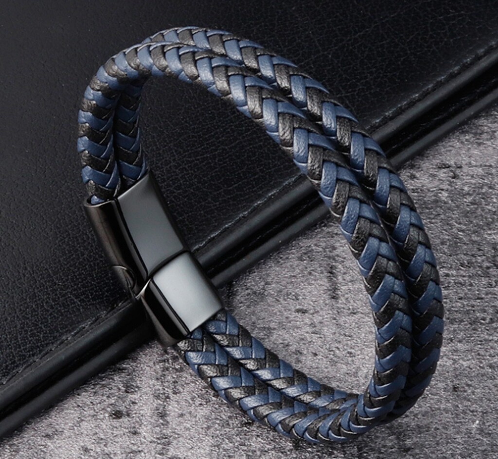 Men / Women Black Blue Braided Genuine Leather Bracelet Double Band Bangle 6-9″