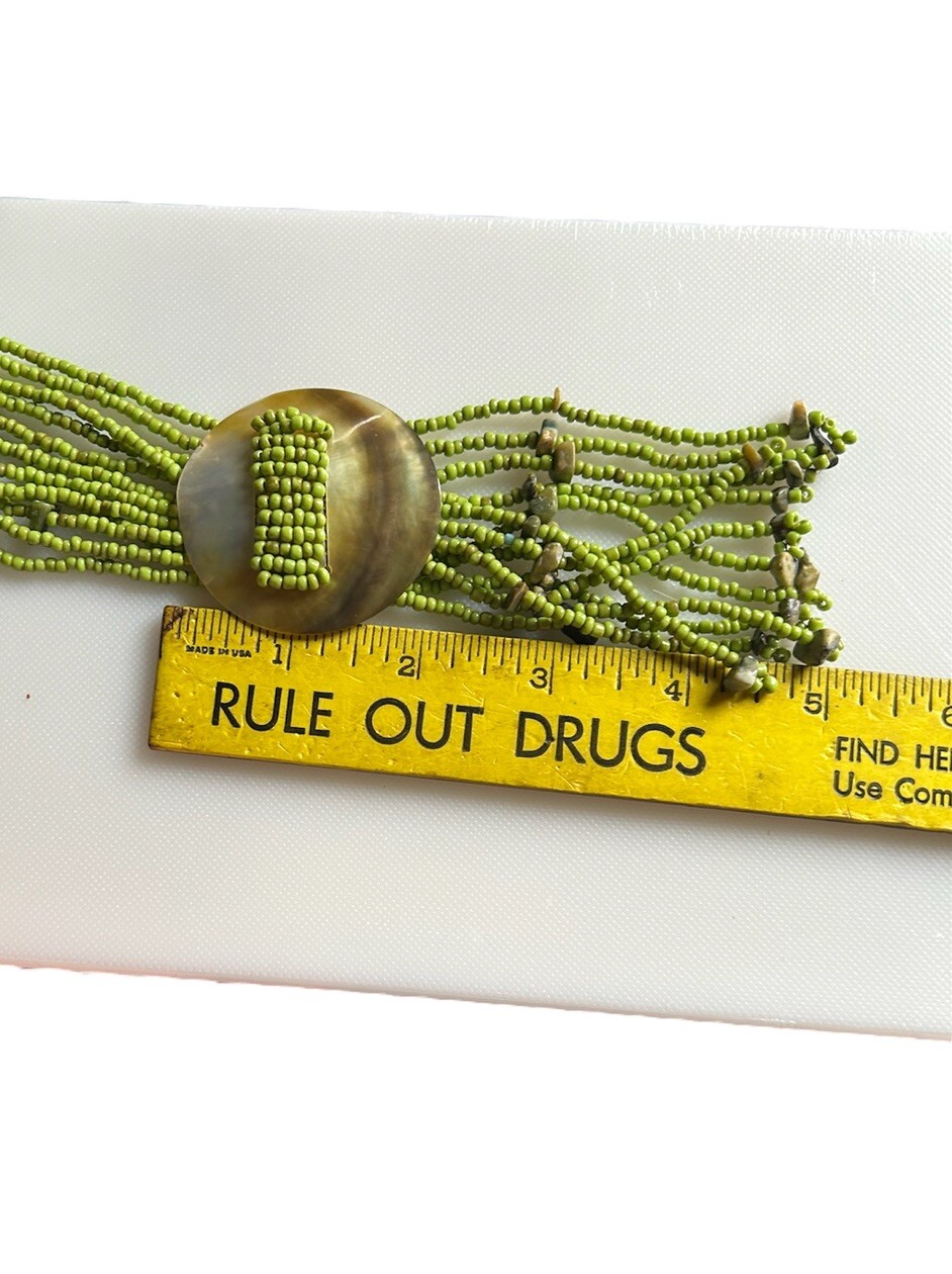 Multi Strand Seed Bead Necklace Lime Green Shell Lariat Centerpiece Unakite Chip