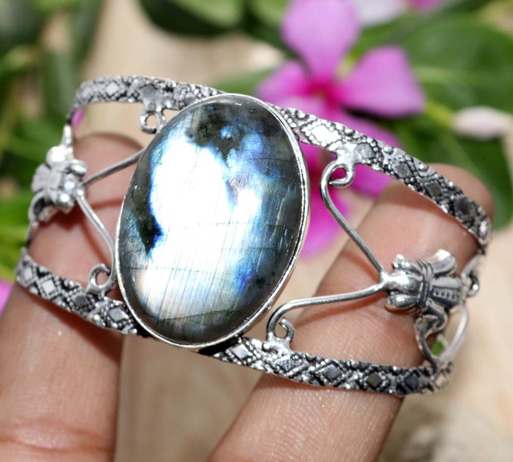 925 Silver Plated Huge Fiery Labradorite Bangle 6.5″ Handmade Jewelry Trendy JW