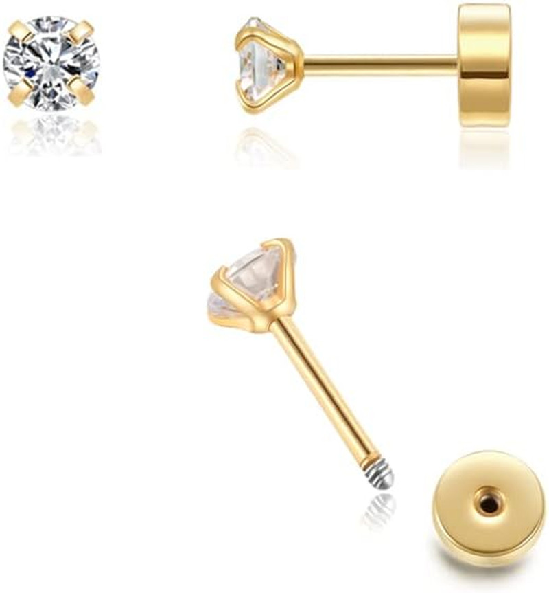 Flat Screw Back CZ Stud Earrings,Small Flat Back Cubic Zirconia Stud Earrings fo
