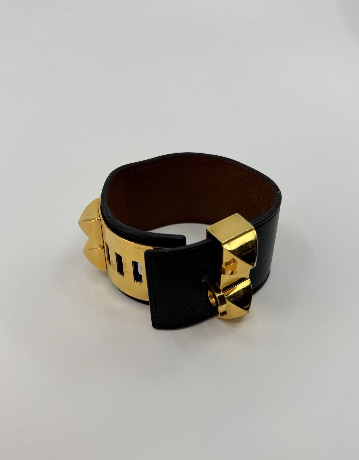 Authentic HERMÈS Gold and Black Leather Collier de Chien Bracelet