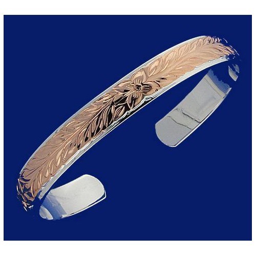SILVER 925 HAWAIIAN CUFF BANGLE 6MM 8MM DOUBLE PINK ROSE MAILE LEAF PLUMERIA
