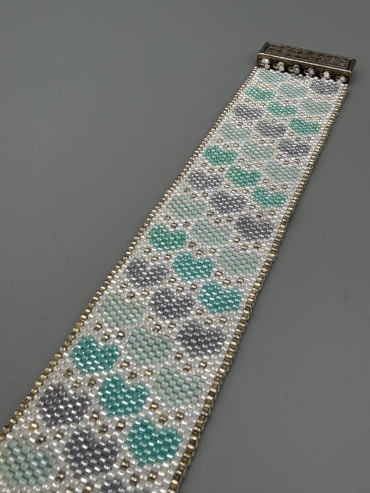 Handmade Miyuki Delica Seed Bead Loom Cuff Bracelet Teal Grey Hearts