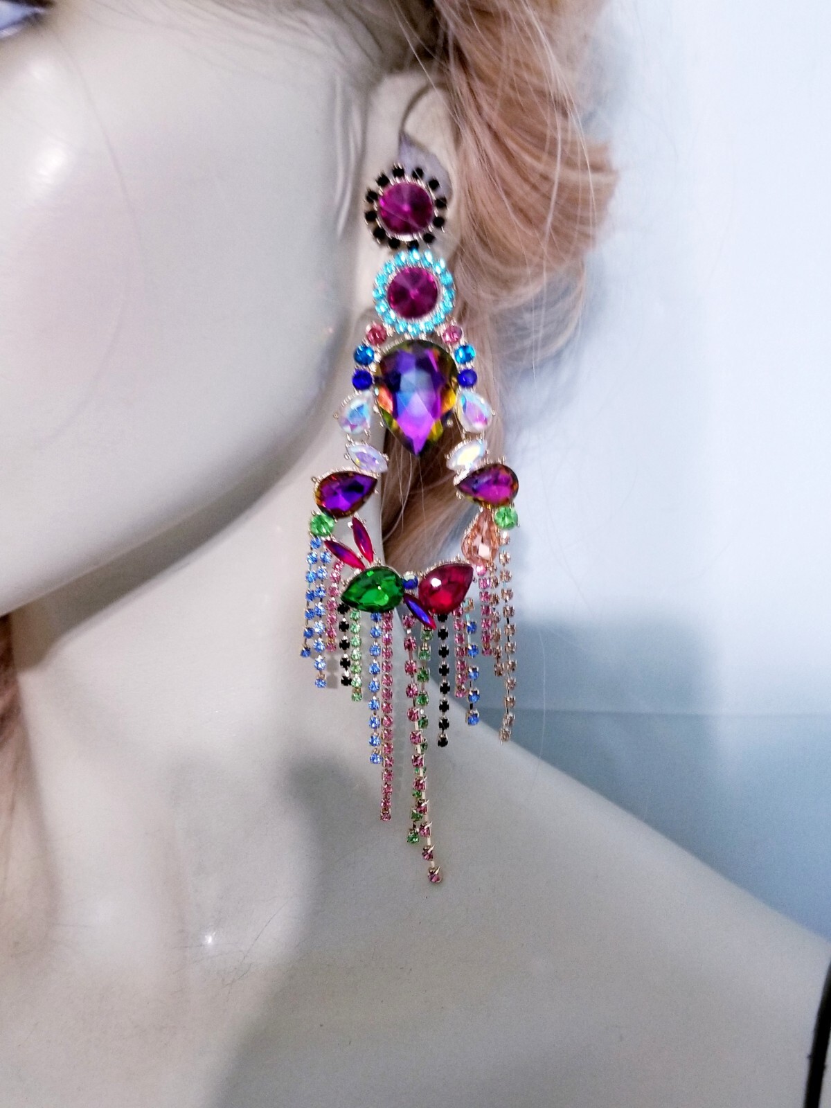 Chandelier Rhinestone Crystal Pageant Bridal Earrings Colorful Drop Dangle 6 In