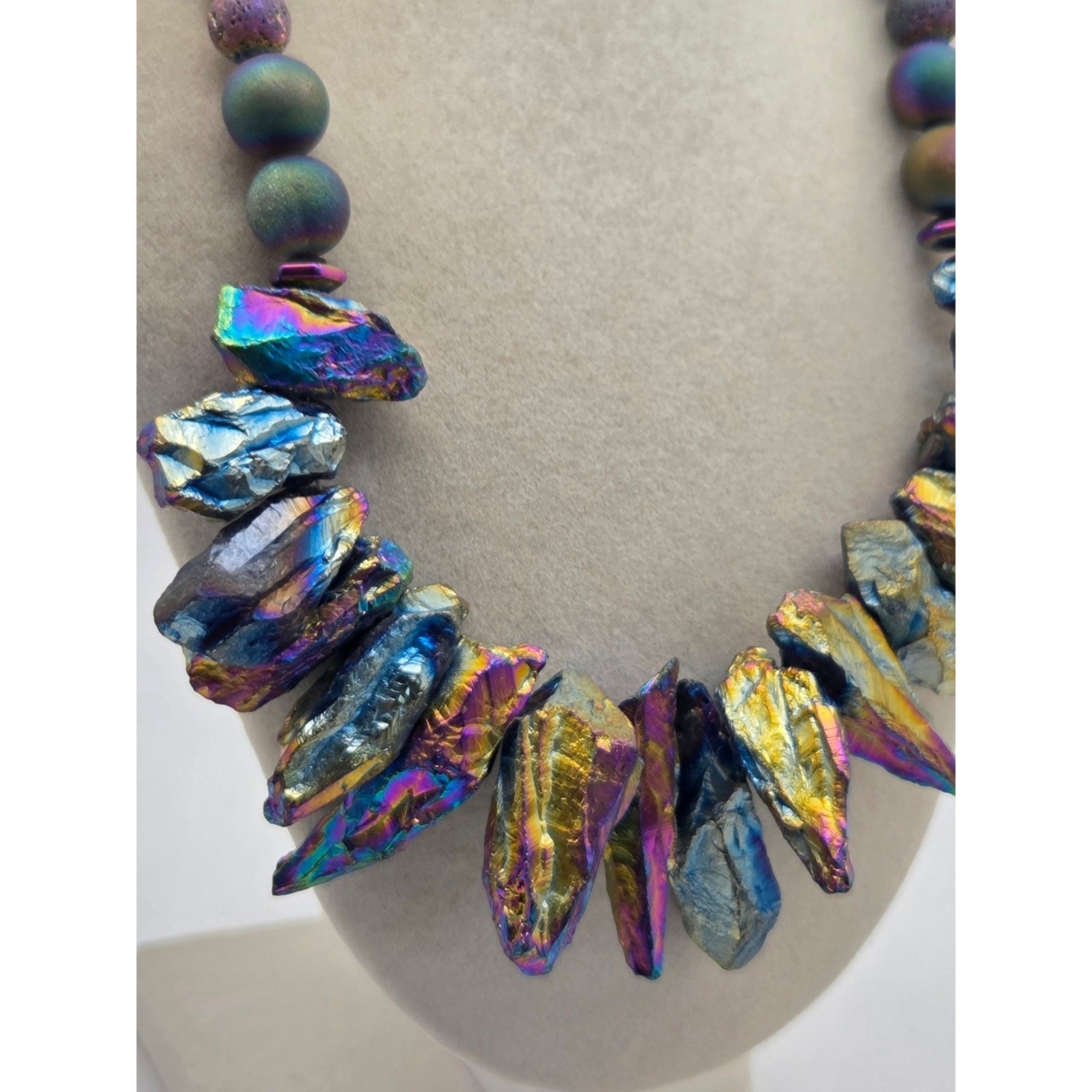 Raw Rainbow Aura Titanium Quartz & Lava Rock Statement Bib Necklace – 16″