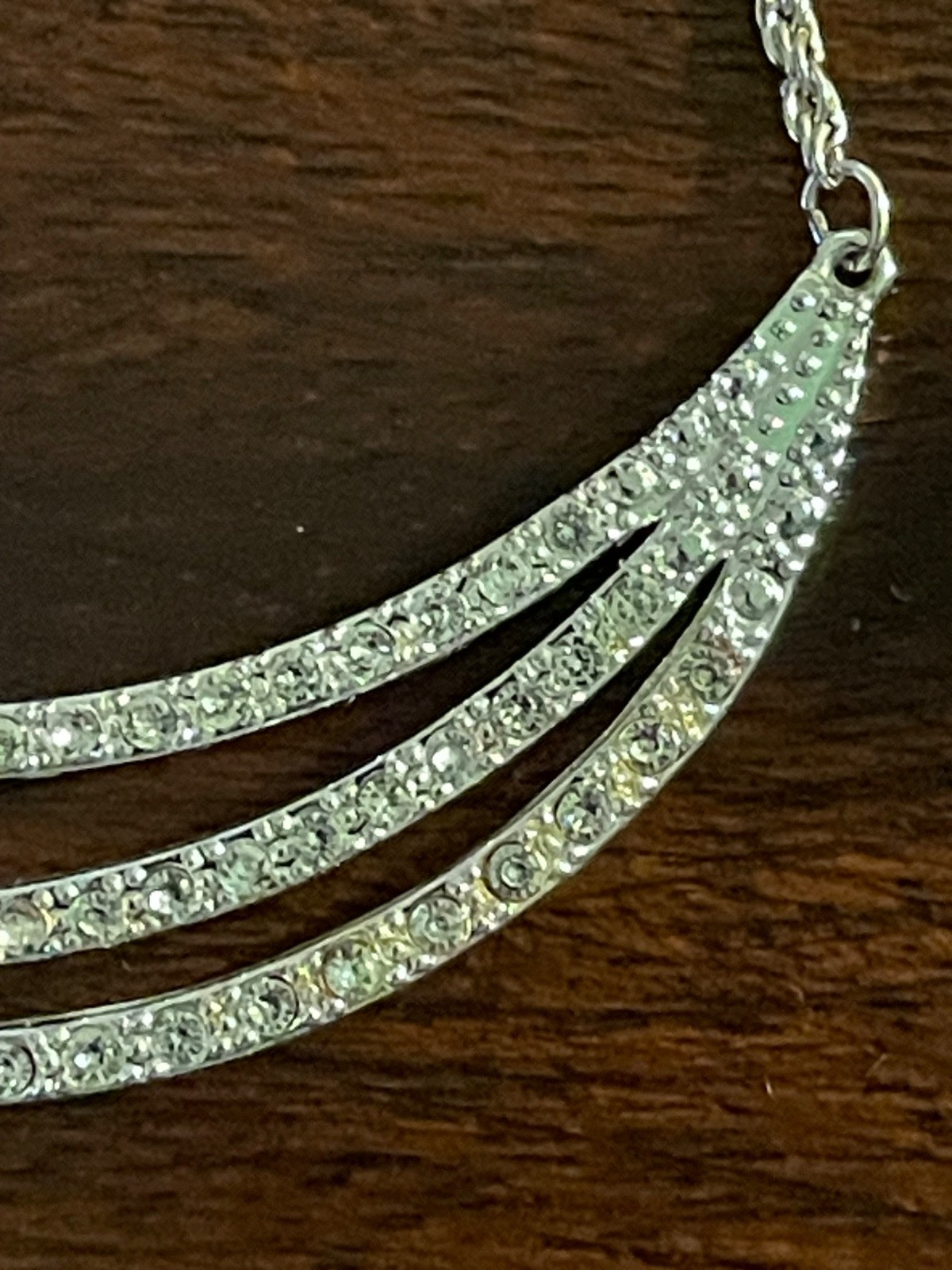 Elegant Station Necklace w/Three Scalloped Rows of Clear Crystal Rhinestones 18″