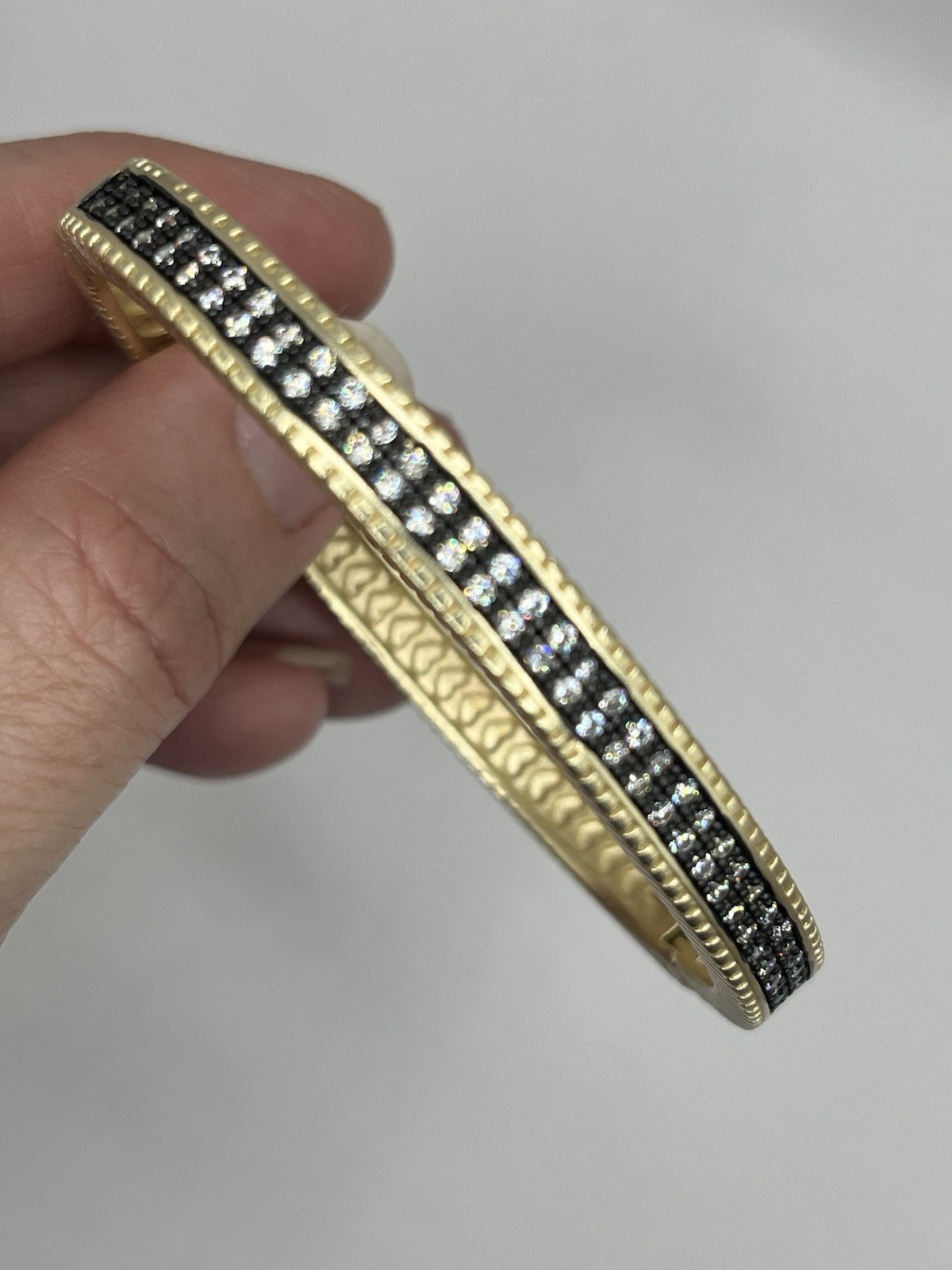 Matt Gold Tone Heart Cuff Bangle Bracelet, Black & Clear Pavé Crystals, 6 in