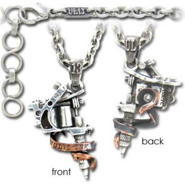 Alchemy Gothic Tattoo Gun Machine Pendant Multi Tone Pewter Copper Necklace ULP9