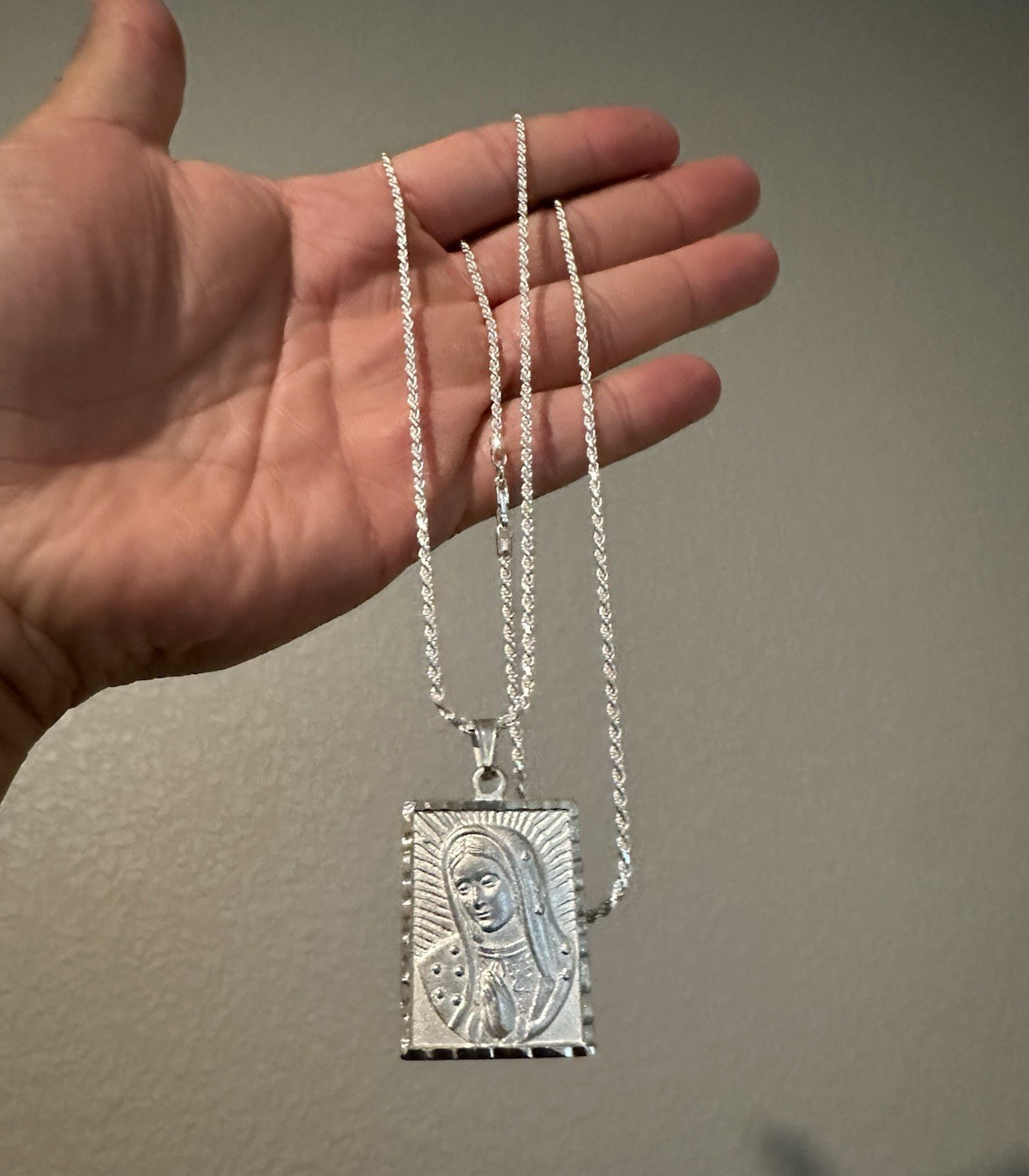 Solid 925 Sterling Silver Rope Chain With Virgin Mary Pendant