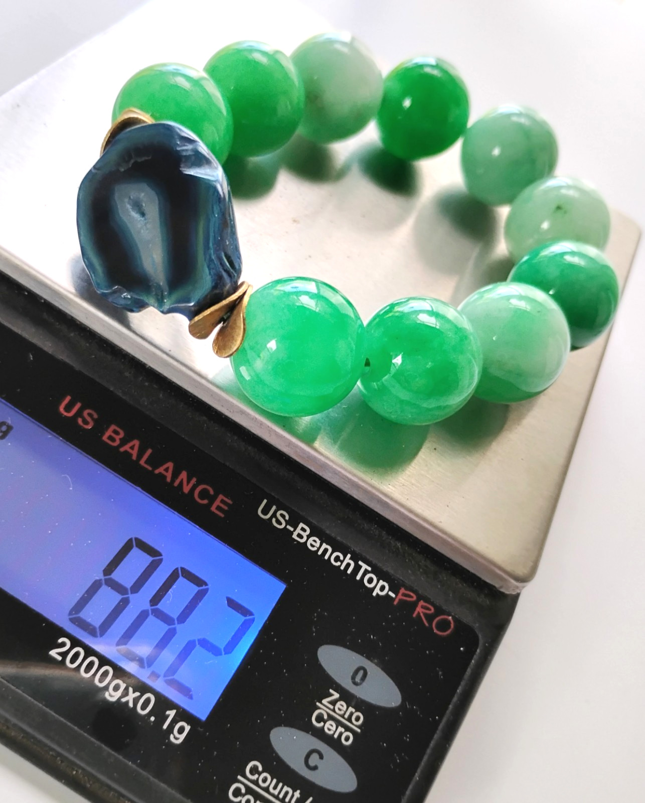 Chunky Green Stone Bead & Blue Agate Stretch Bracelet