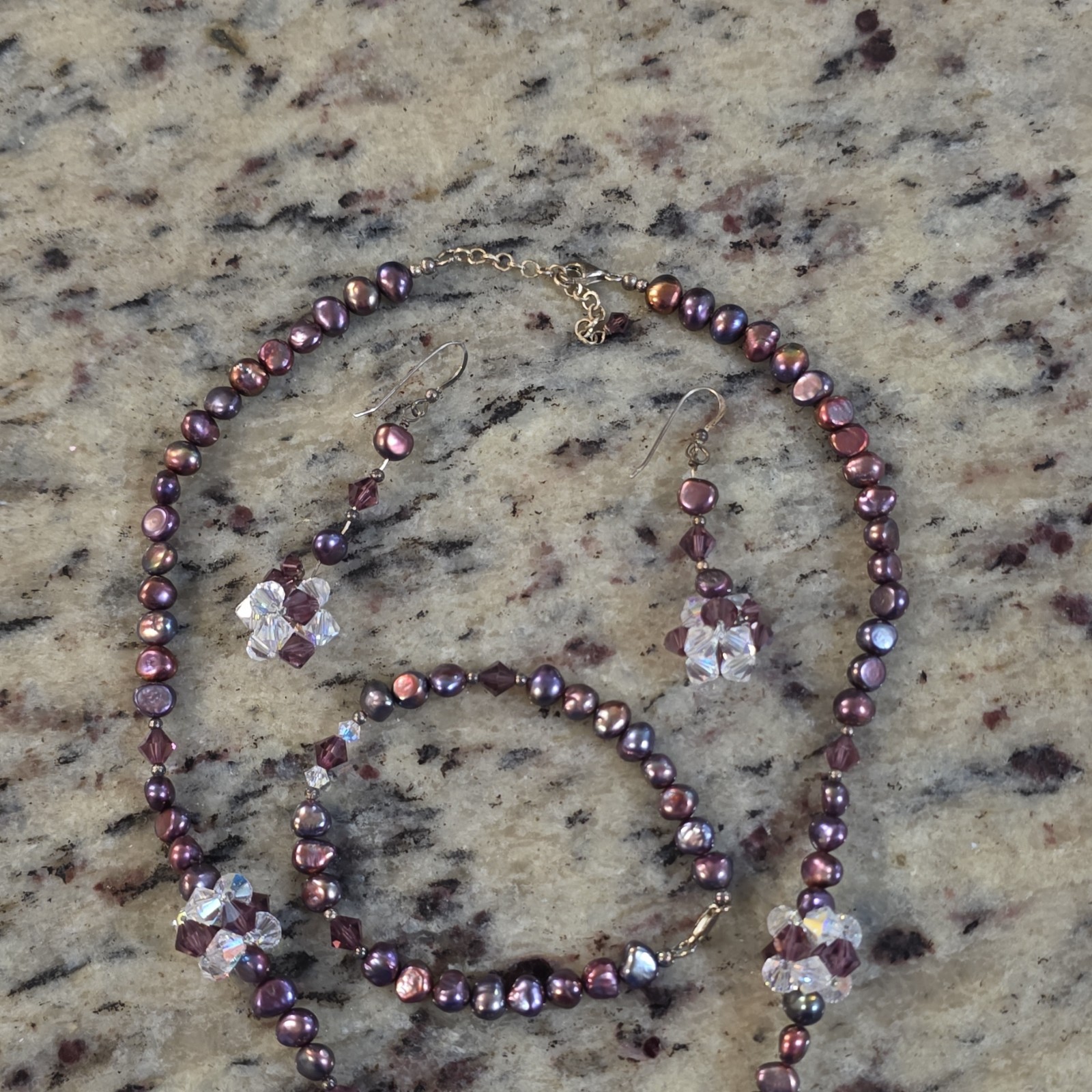 Purple Pearl & Crystal Bead Jewelry Set Necklace Bracelet & Drop Earrings