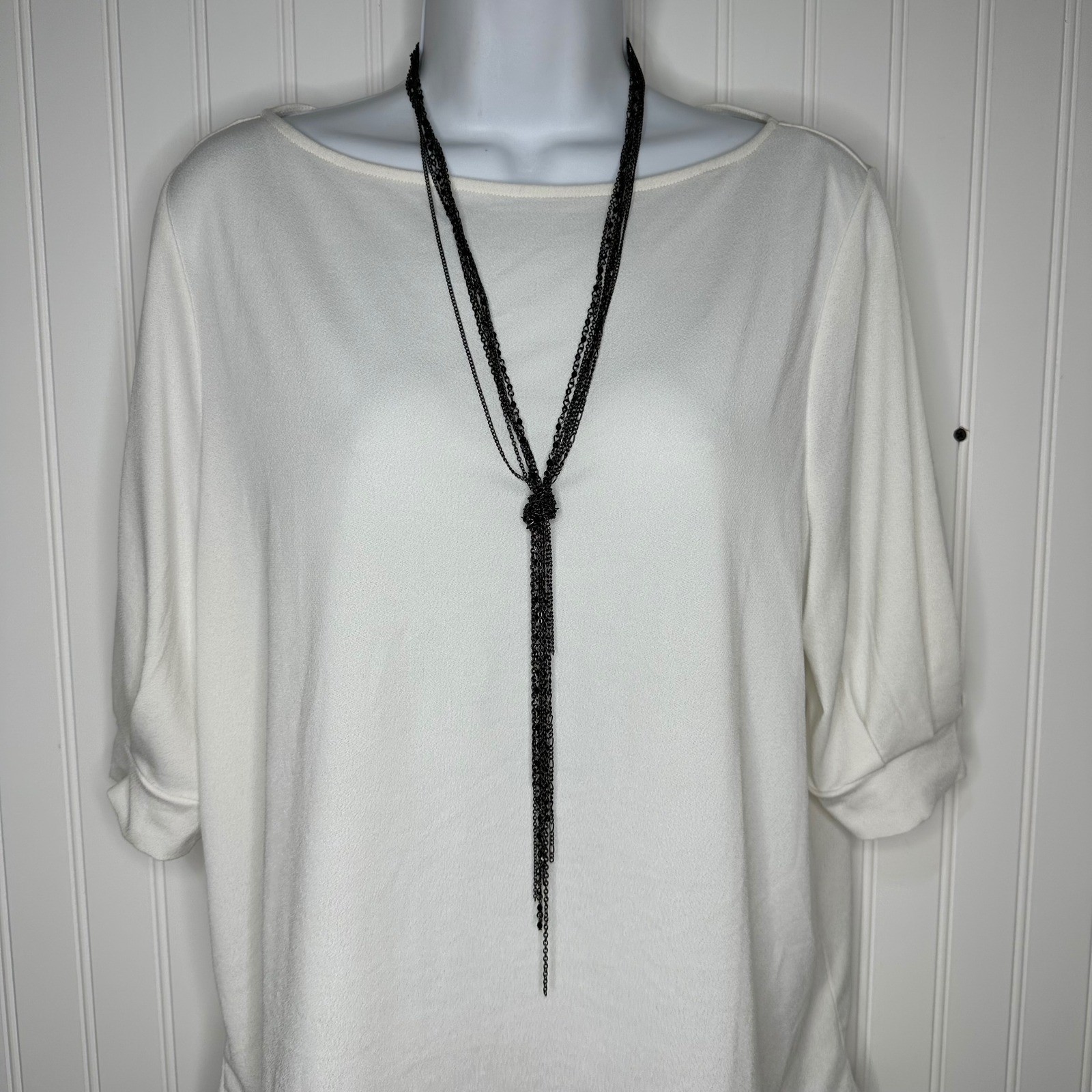 Black Multi Strand Knotted Necklace Beaded Tassel Mixed Chain Adjustable Layered