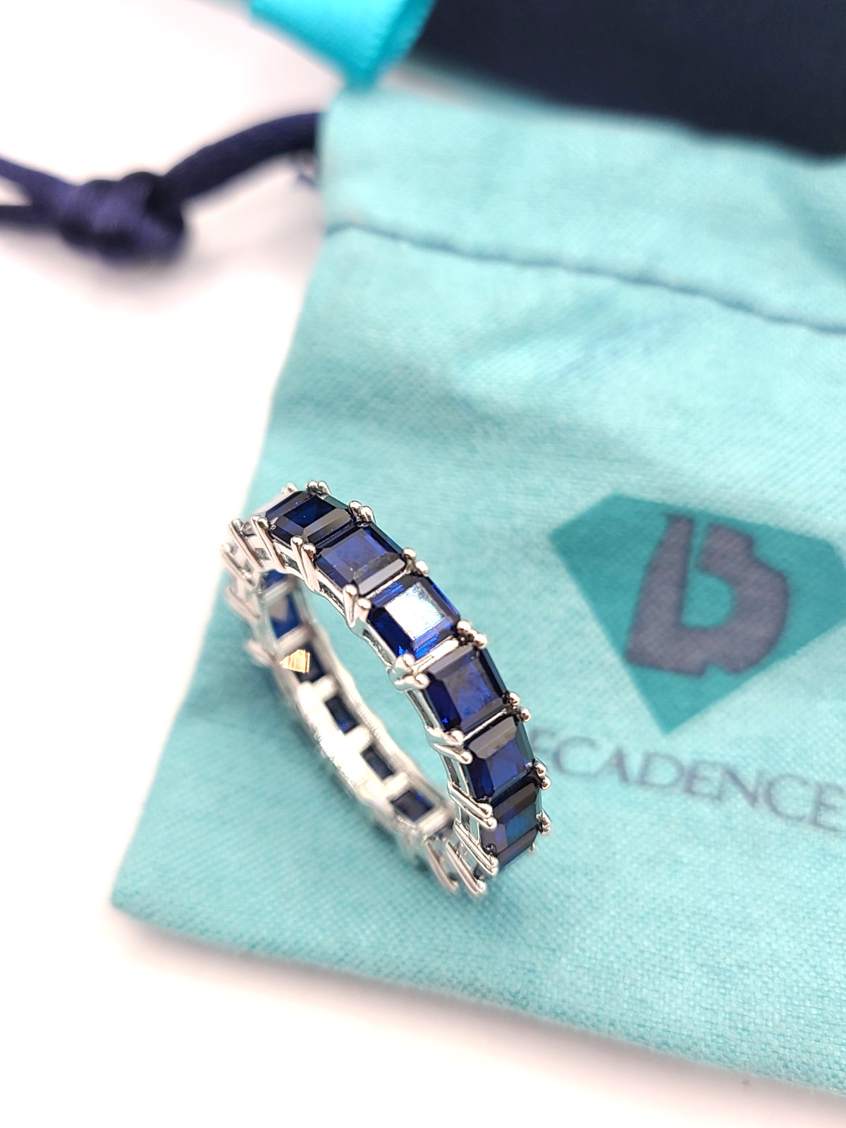 Decadence Sterling Silver 4mm Blue Asscher Princess Cut CZ Eternity Band sz 8