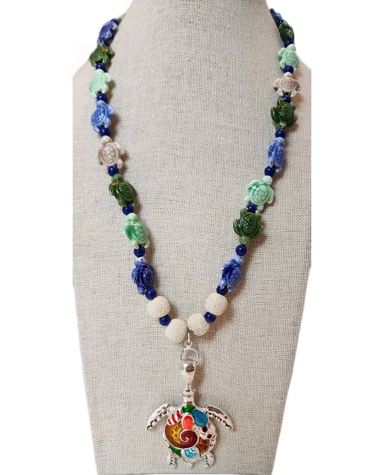 Ceramic Sea Turtle Beaded Necklace Enamel Turtle Pendant Colorful 21″