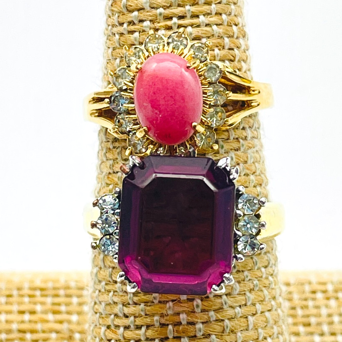 Beaded Dinner Ring Lot of 2 Purple Glass and Pink Bead Rhinestone Accents
