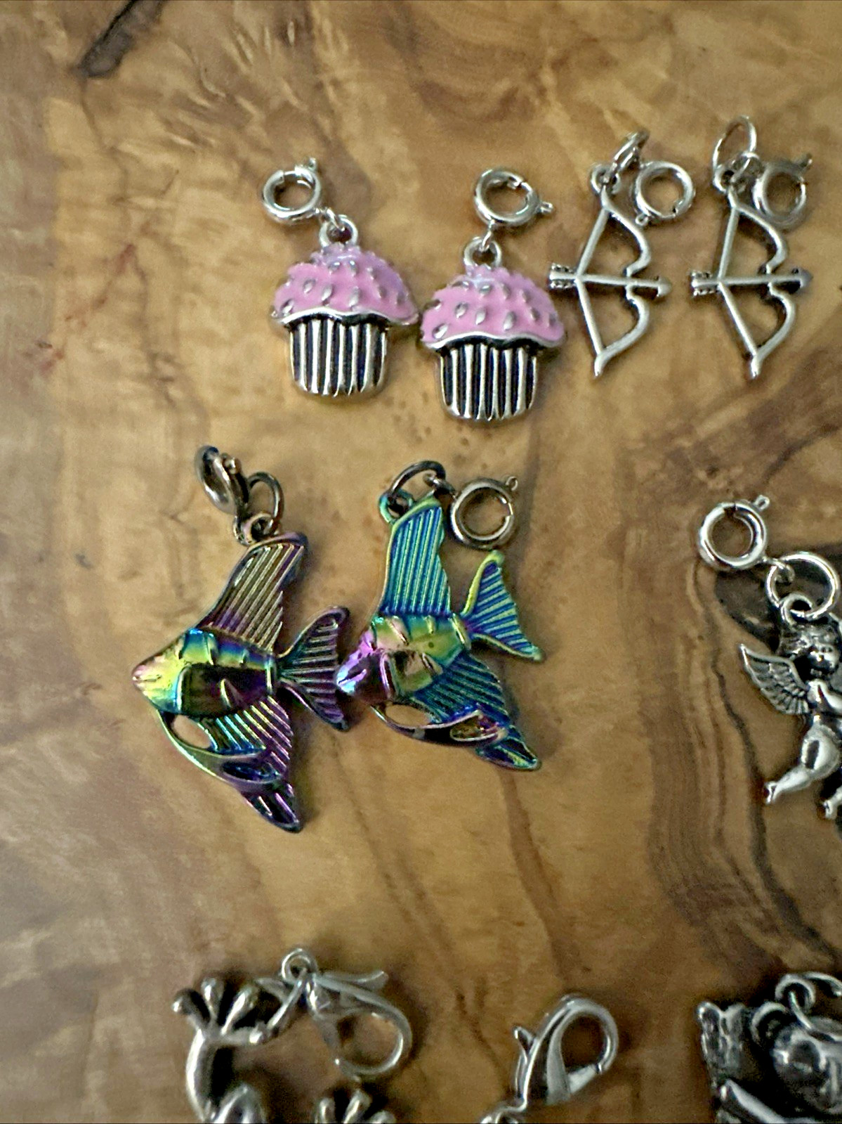 30 Silver Tone Charms Lobster & Spring Ring Clasp Frog Rose Heart Cupcake XOX