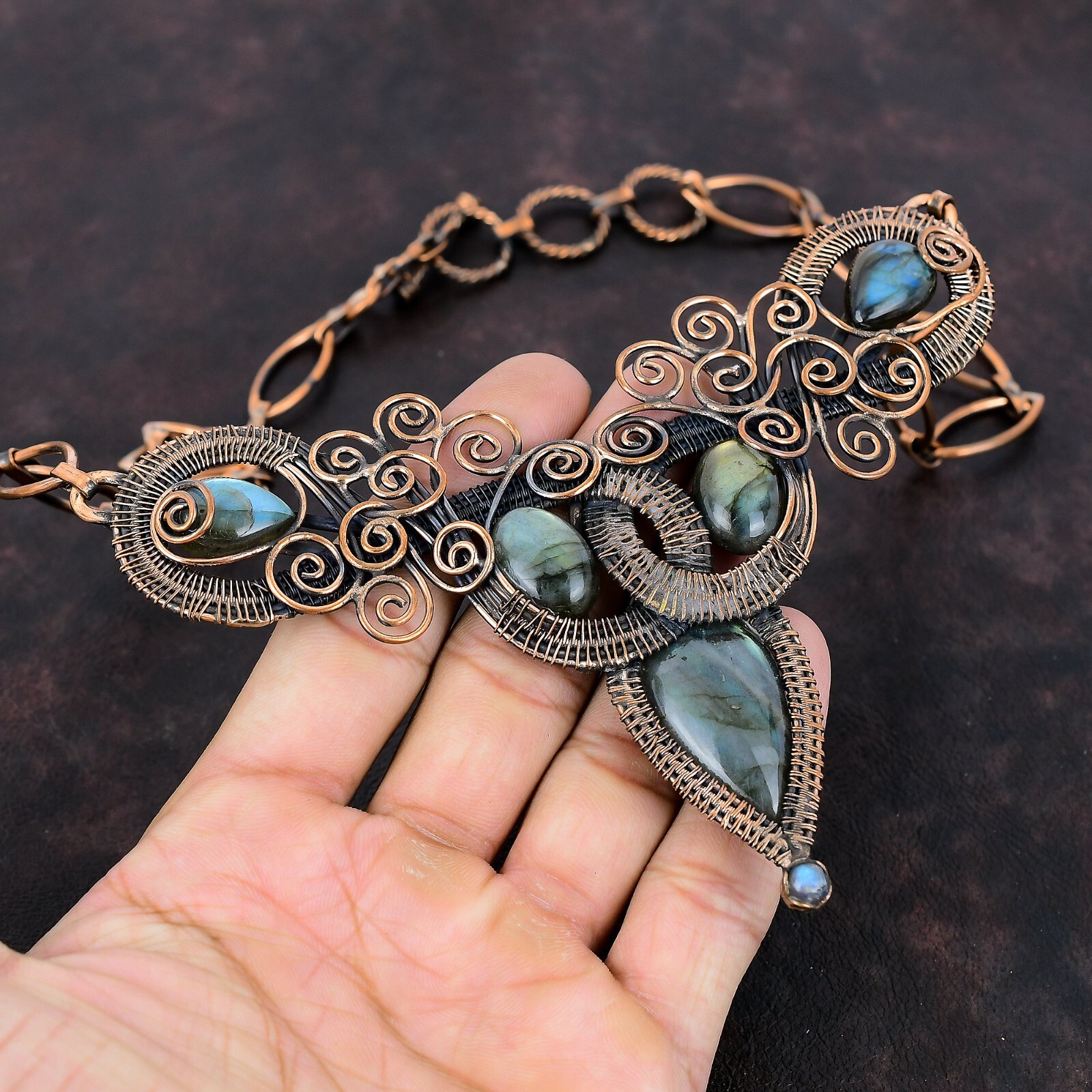 Labradorite Wire Wrapped Adjustable Necklace Handcrafted Copper Designer 18.0″