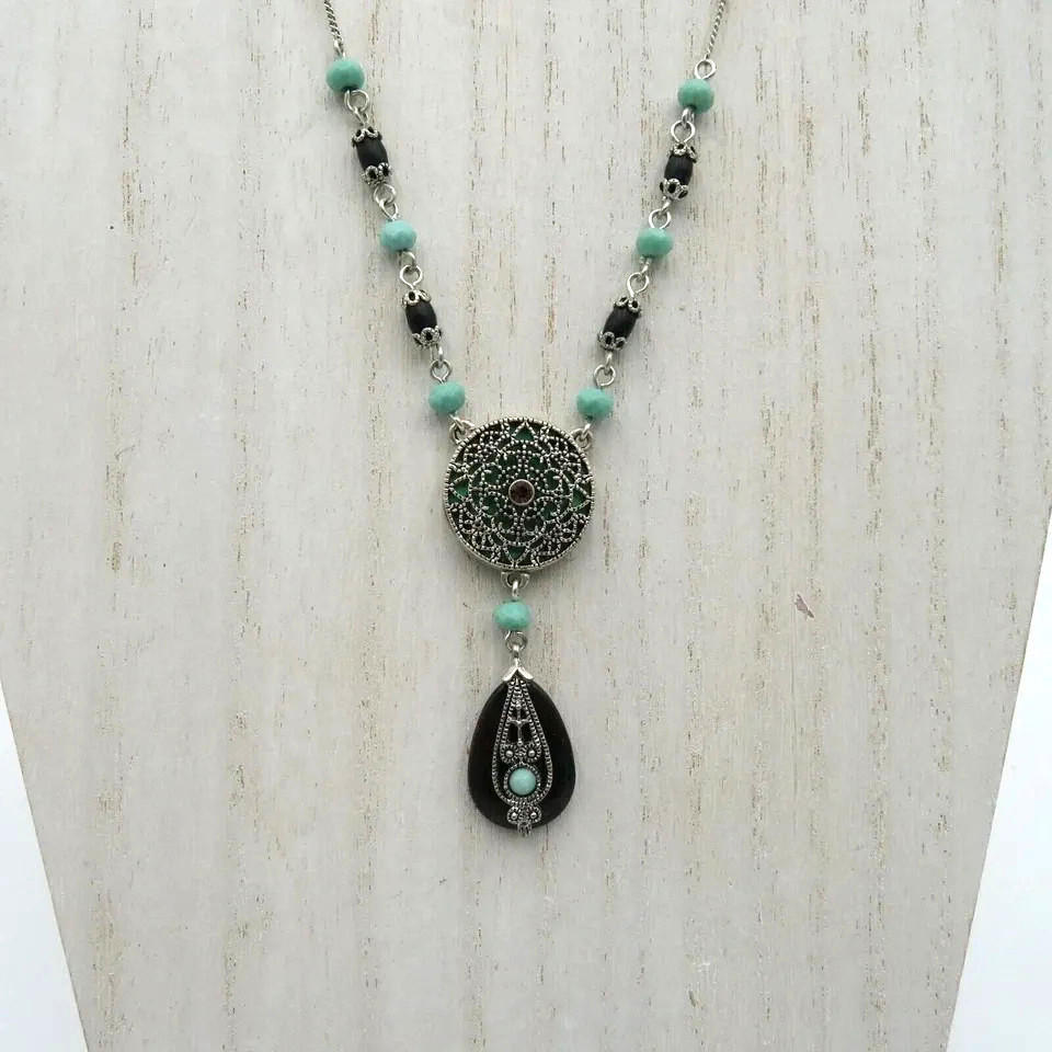 Nina Ricci Signed Pendant Necklace Silver Tone Turquoise Bead Teardrop Filigree