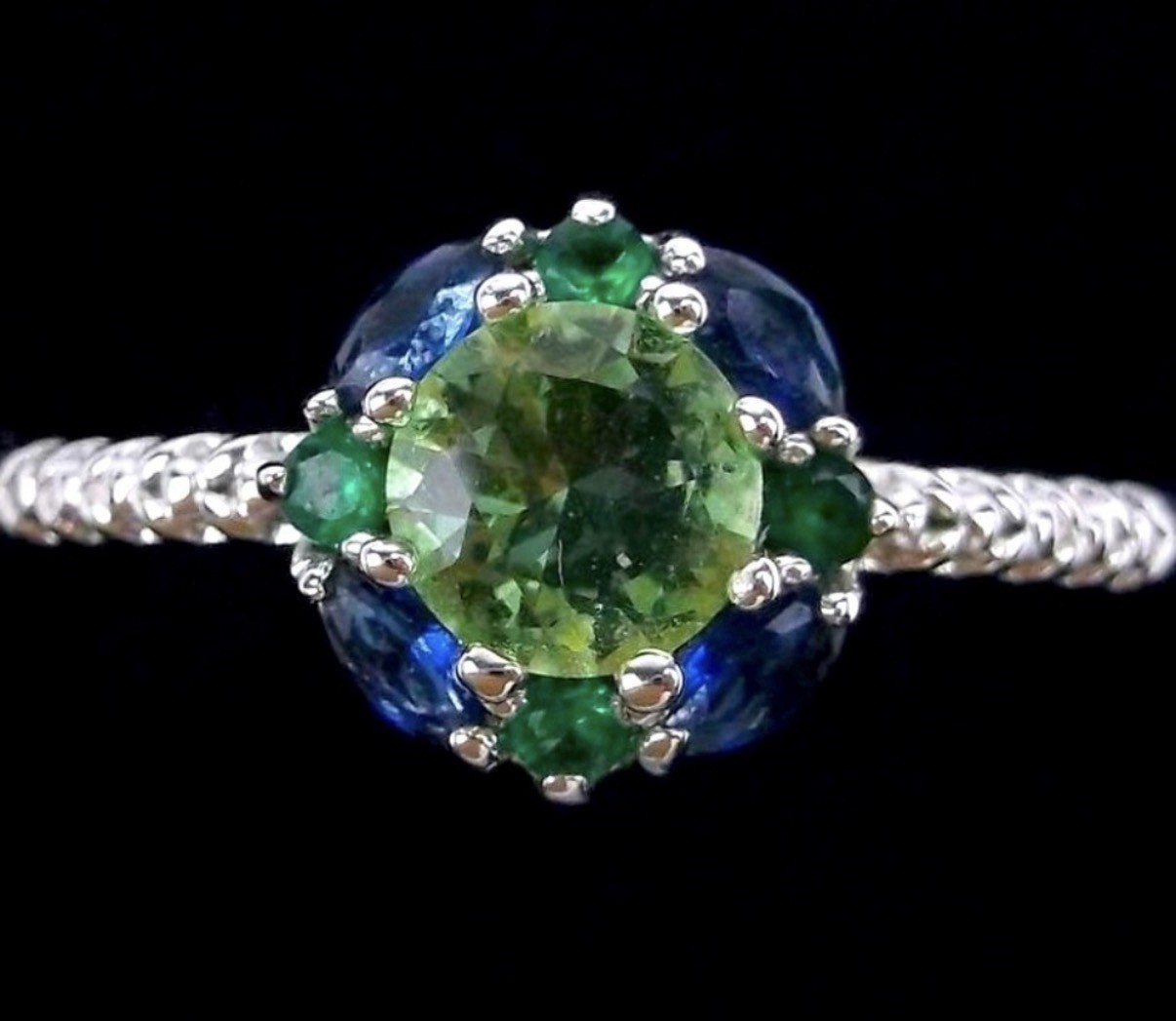 Green Blue Stone Cocktail Ring Silver Tone Size 11.25
