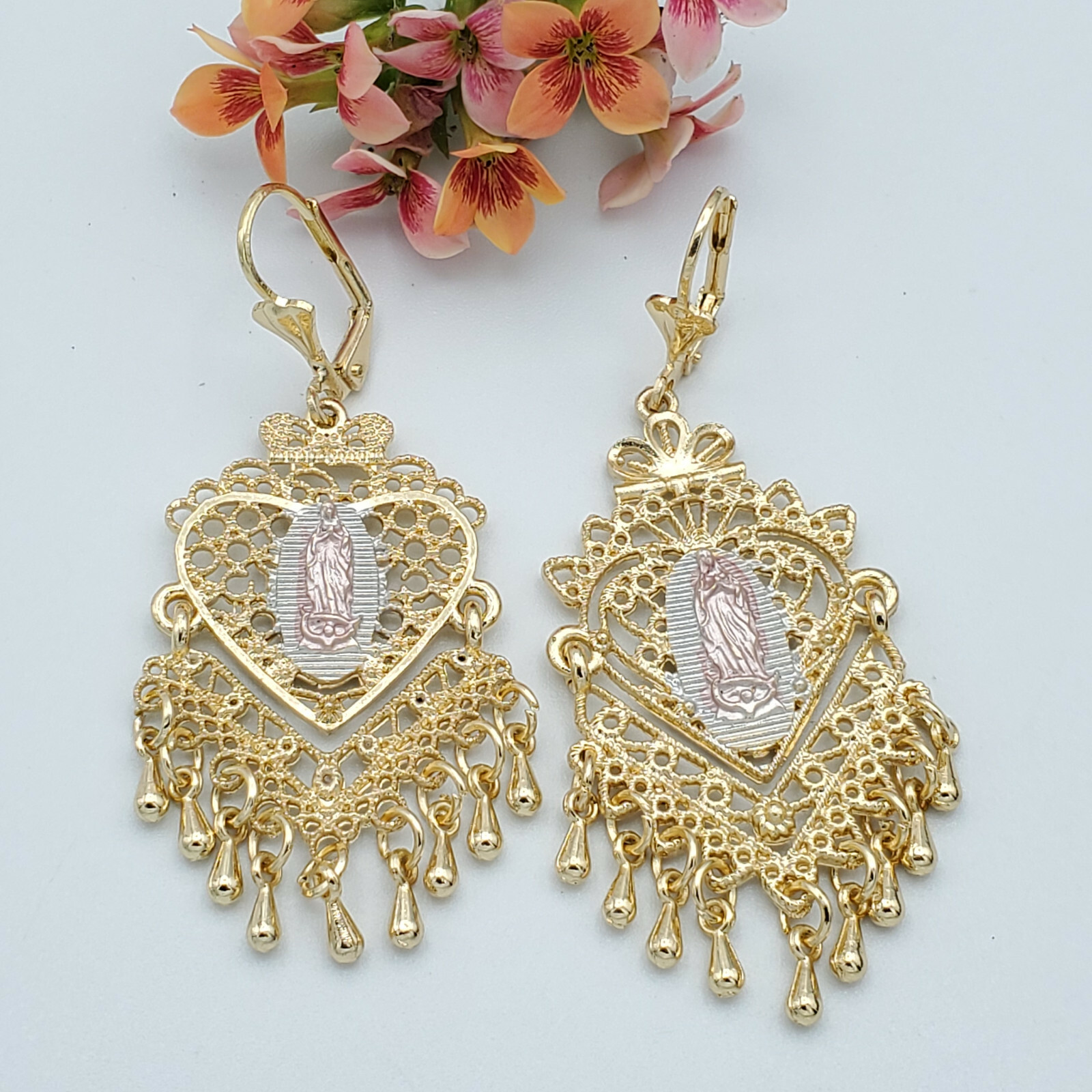 3 Color Gold Plated Our Lady Virgen Guadalupe Chandellier Heart Earrings