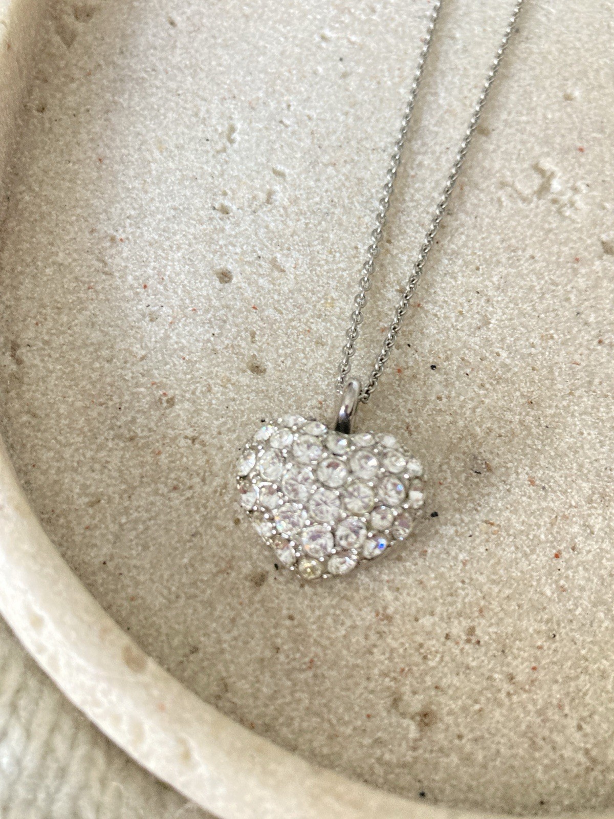 Jostens Silver Tone Crystal Puffy Heart Pendant Necklace Rhinestone Signed
