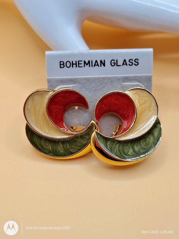 Vintage 1970s Bohemian Glass Enamel NEW Old Stock Clip On Earrings COLORFUL LOOK