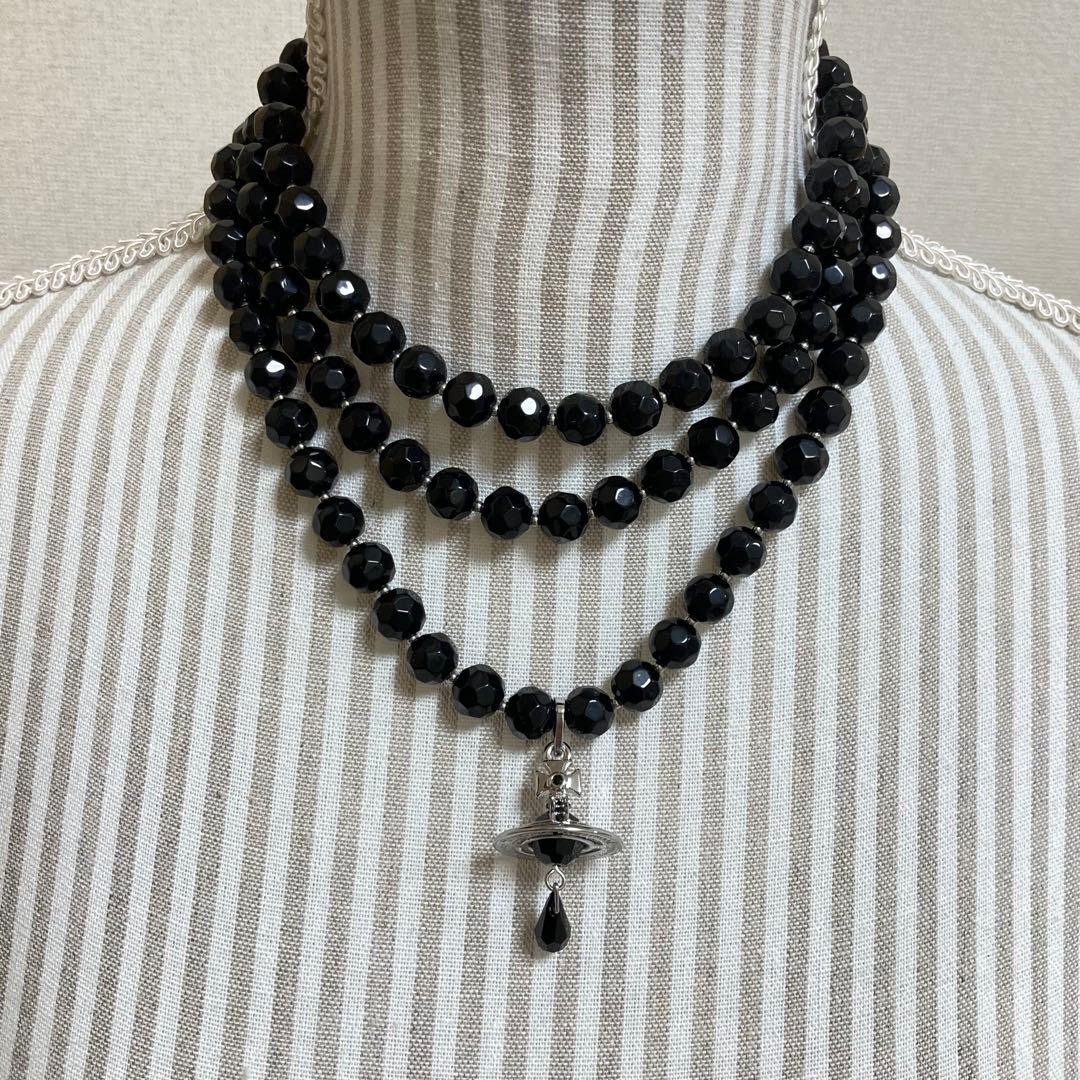 Vivienne Westwood necklace triple Black Stone drop Black Silver with drawstring